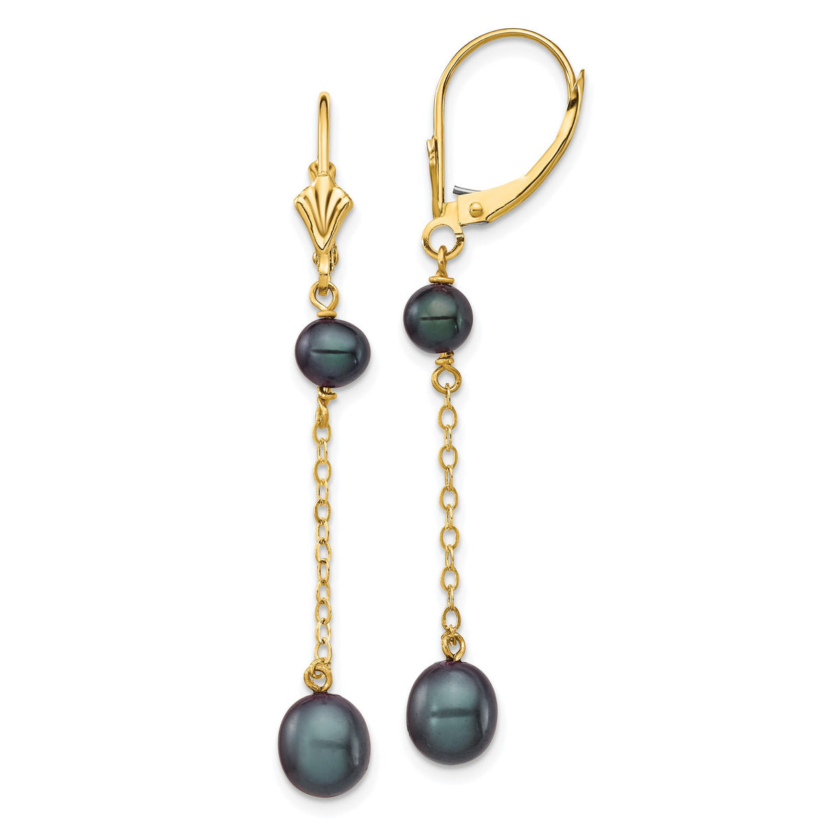 14k Yellow Gold Dangle Earrings with Black Freshwater Pearls, Delicate Chain Drop Design