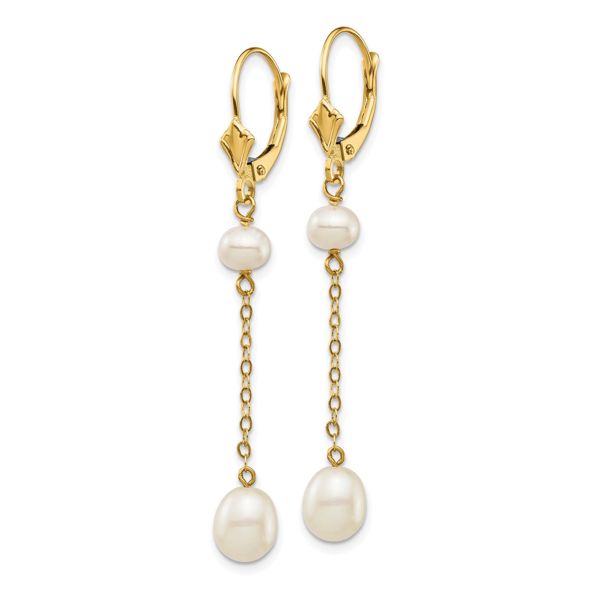 14k Yellow Gold Drop Earrings with Freshwater Cultured Pearls on Delicate Chain Dangles