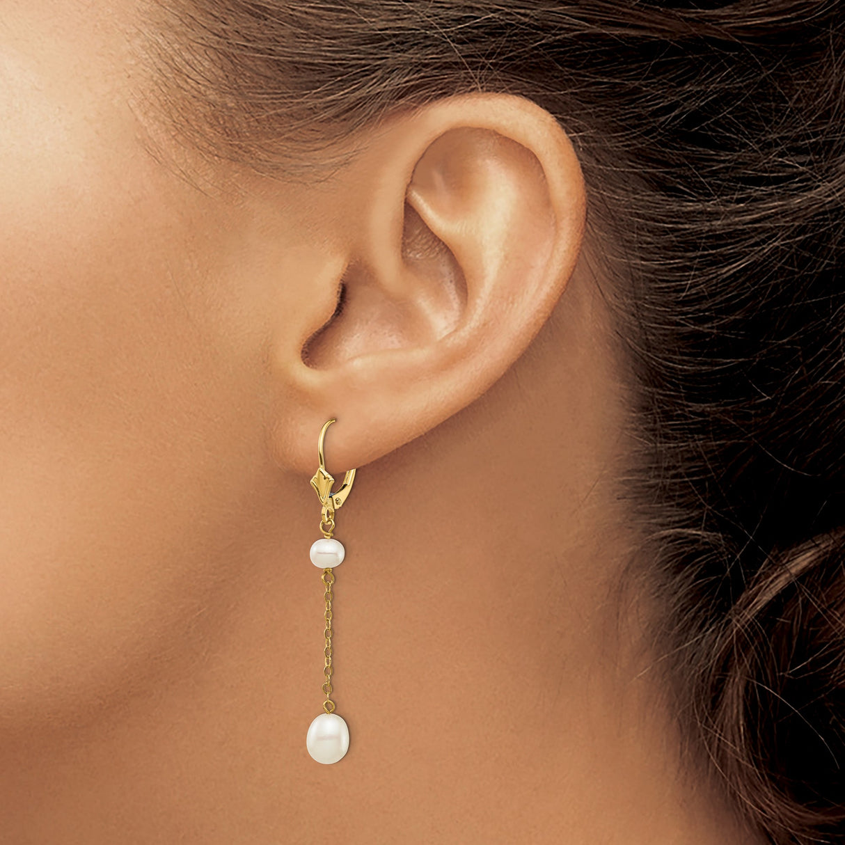 14k Yellow Gold Drop Earrings with Freshwater Cultured Pearls on Delicate Chain Dangles
