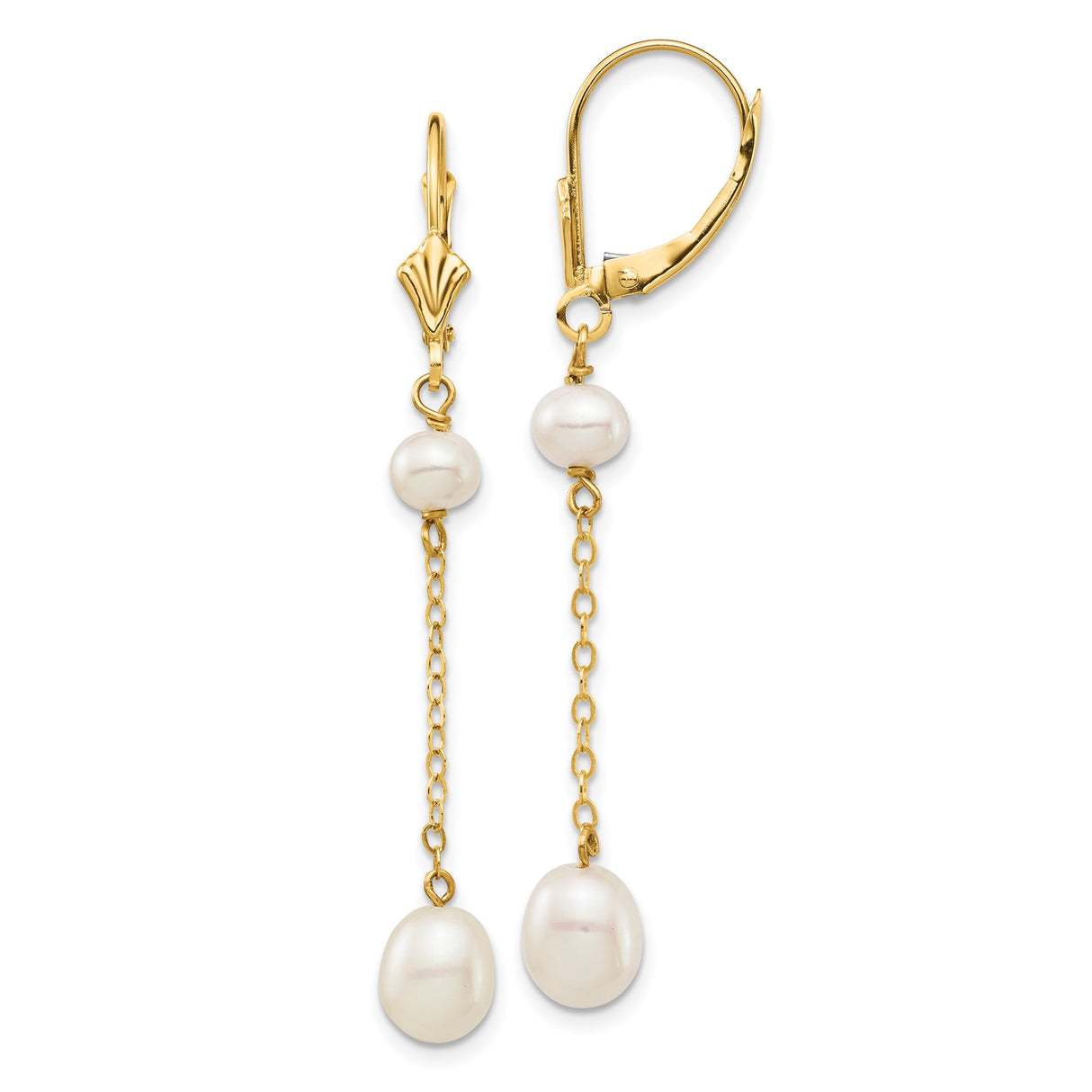 14k Yellow Gold Drop Earrings with Freshwater Cultured Pearls on Delicate Chain Dangles