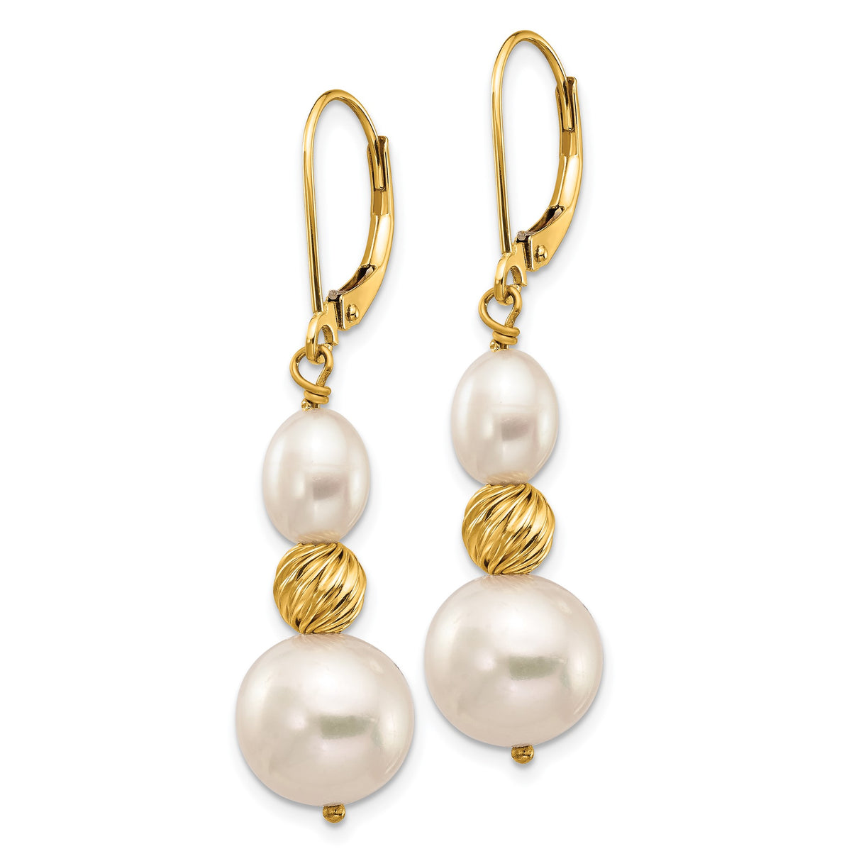 14k Yellow Gold Dangle Earrings with White Freshwater Cultured Pearls and Textured Beads