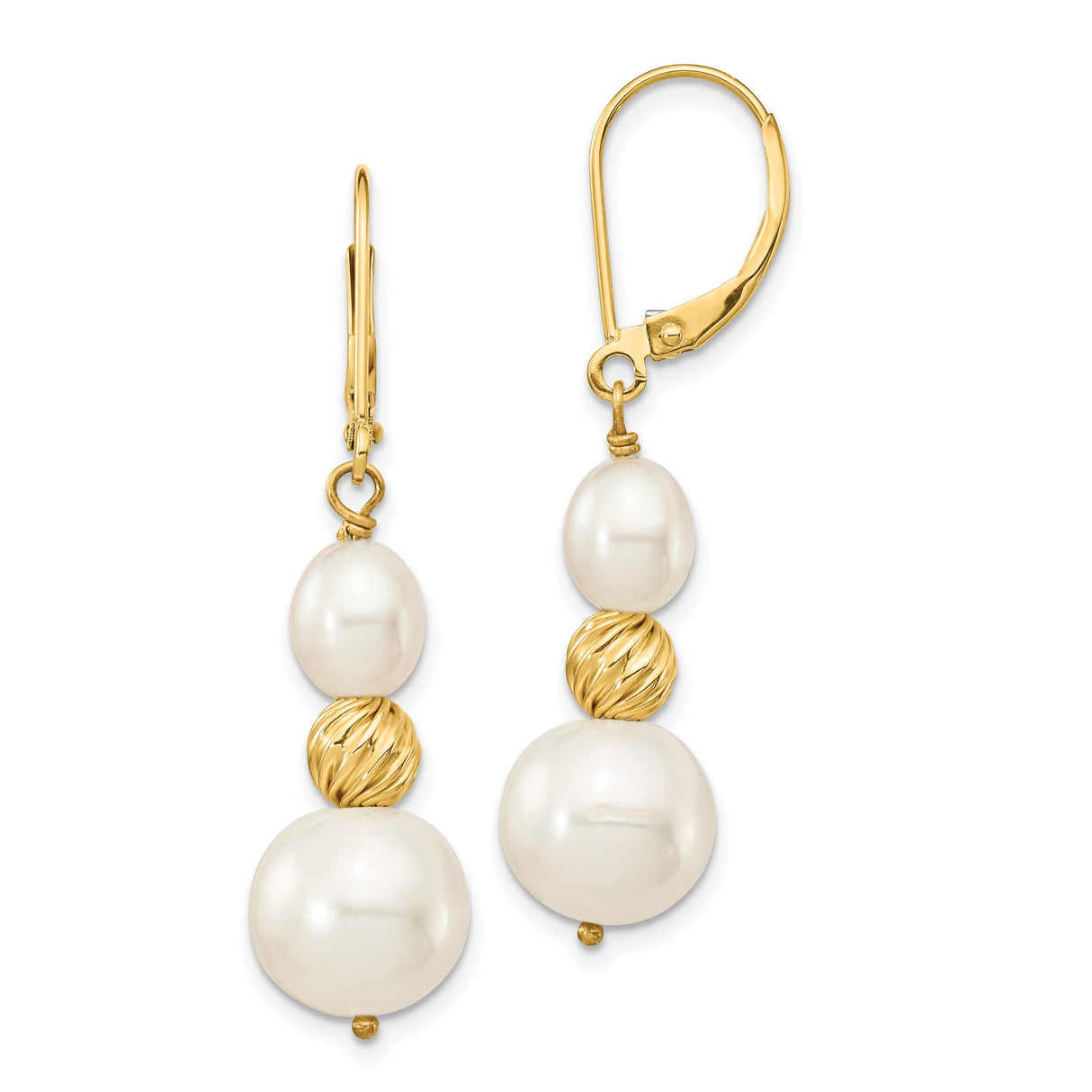 14k Yellow Gold Dangle Earrings with White Freshwater Cultured Pearls and Textured Beads