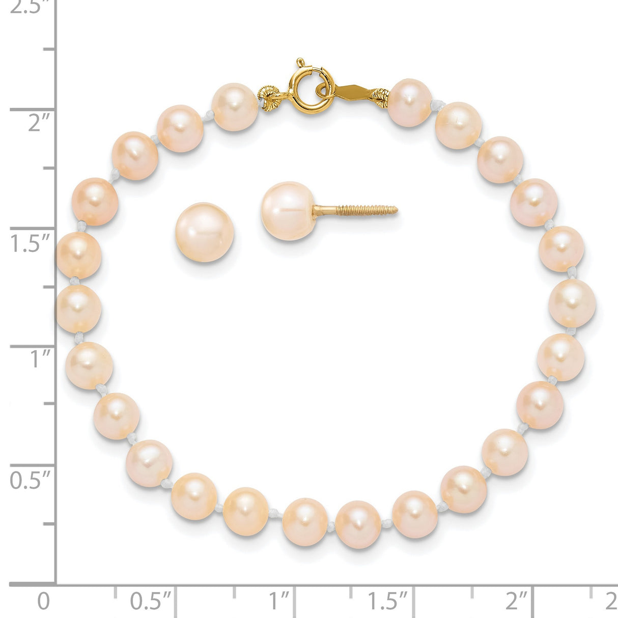 Childrens 4-5mm Pink Pearl Bracelet Earrings Set Charm Pendant in Real 14k Yellow Gold