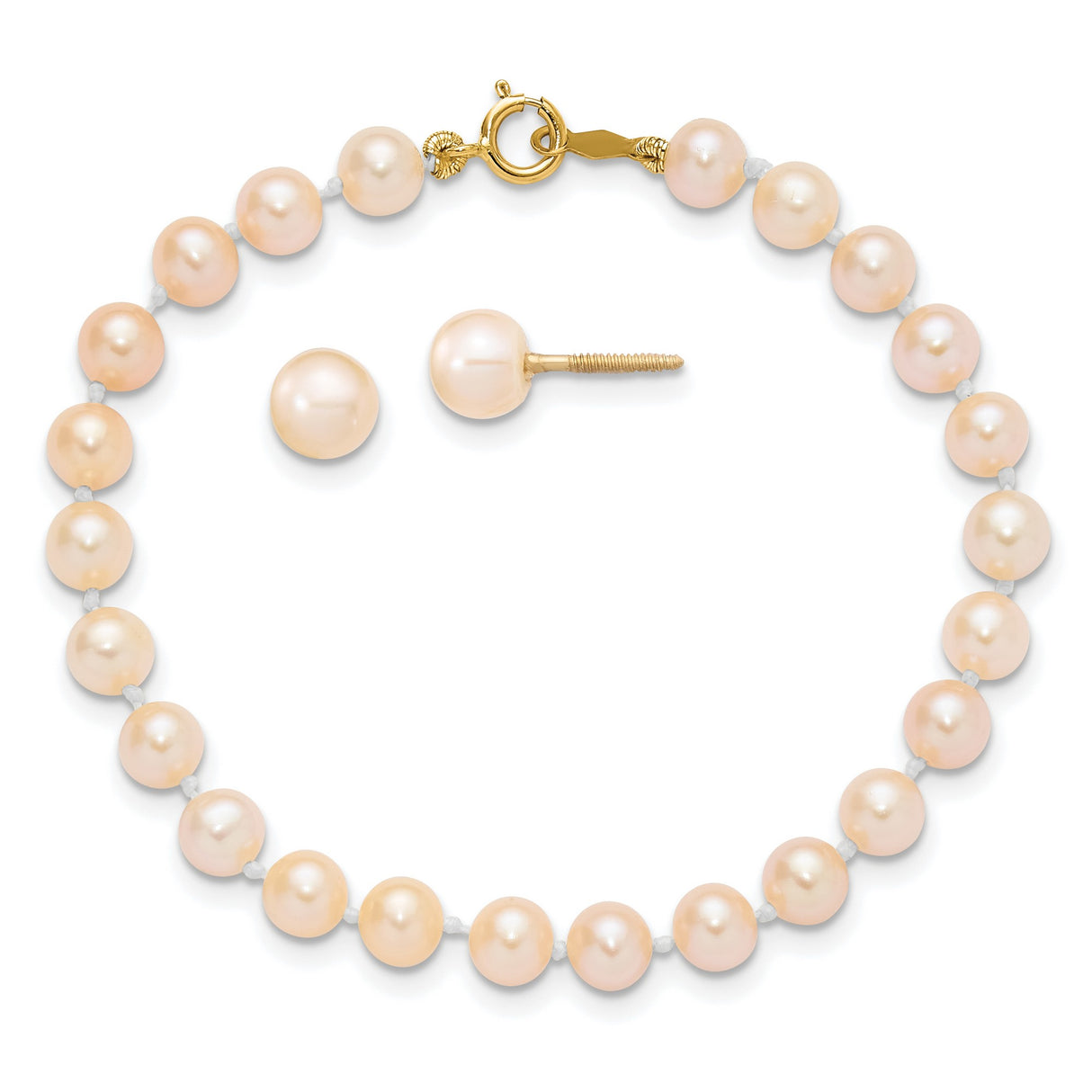 Childrens 4-5mm Pink Pearl Bracelet Earrings Set Charm Pendant in Real 14k Yellow Gold