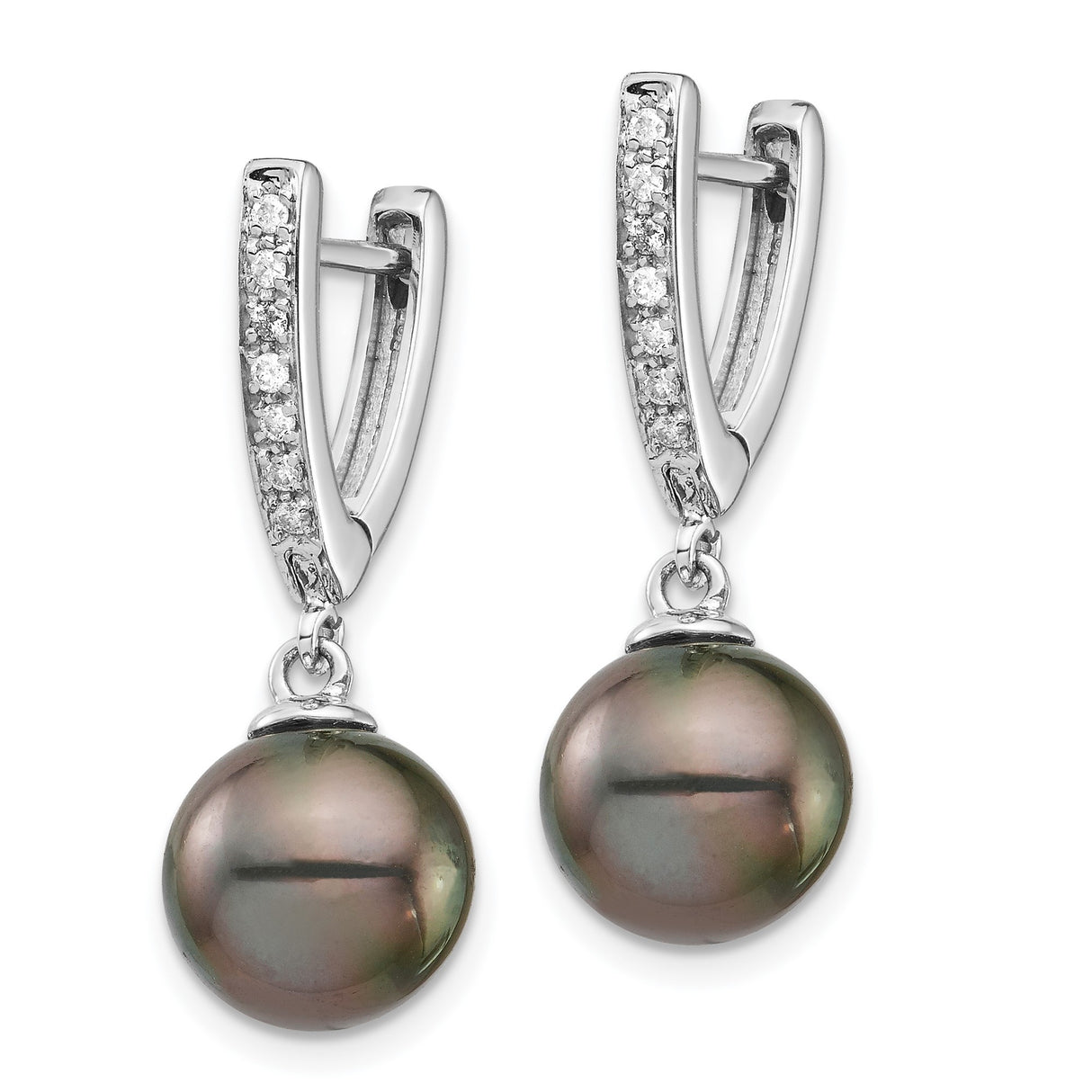 14k White Gold Dangle Earrings with Black Tahitian Pearls and Diamonds, Elegant Drop Style
