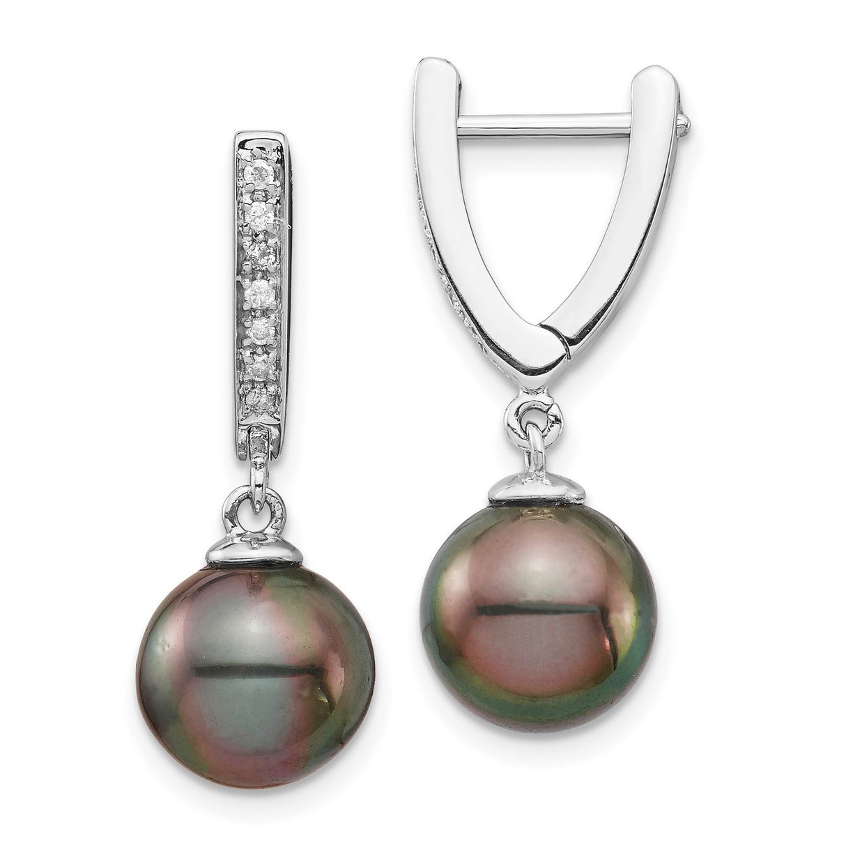 14k White Gold Dangle Earrings with Black Tahitian Pearls and Diamonds, Elegant Drop Style