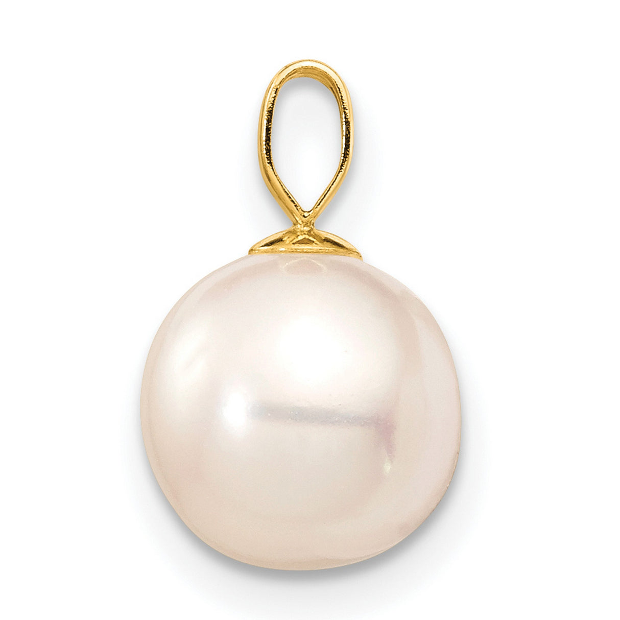 8-9mm White Round Freshwater Cultured Pearl Charm Pendant in Real 14k Yellow Gold