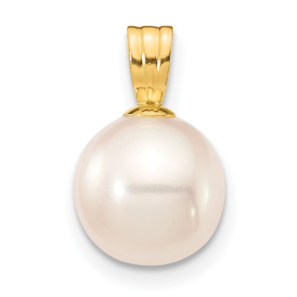 8-9mm White Round Freshwater Cultured Pearl Charm Pendant in Real 14k Yellow Gold