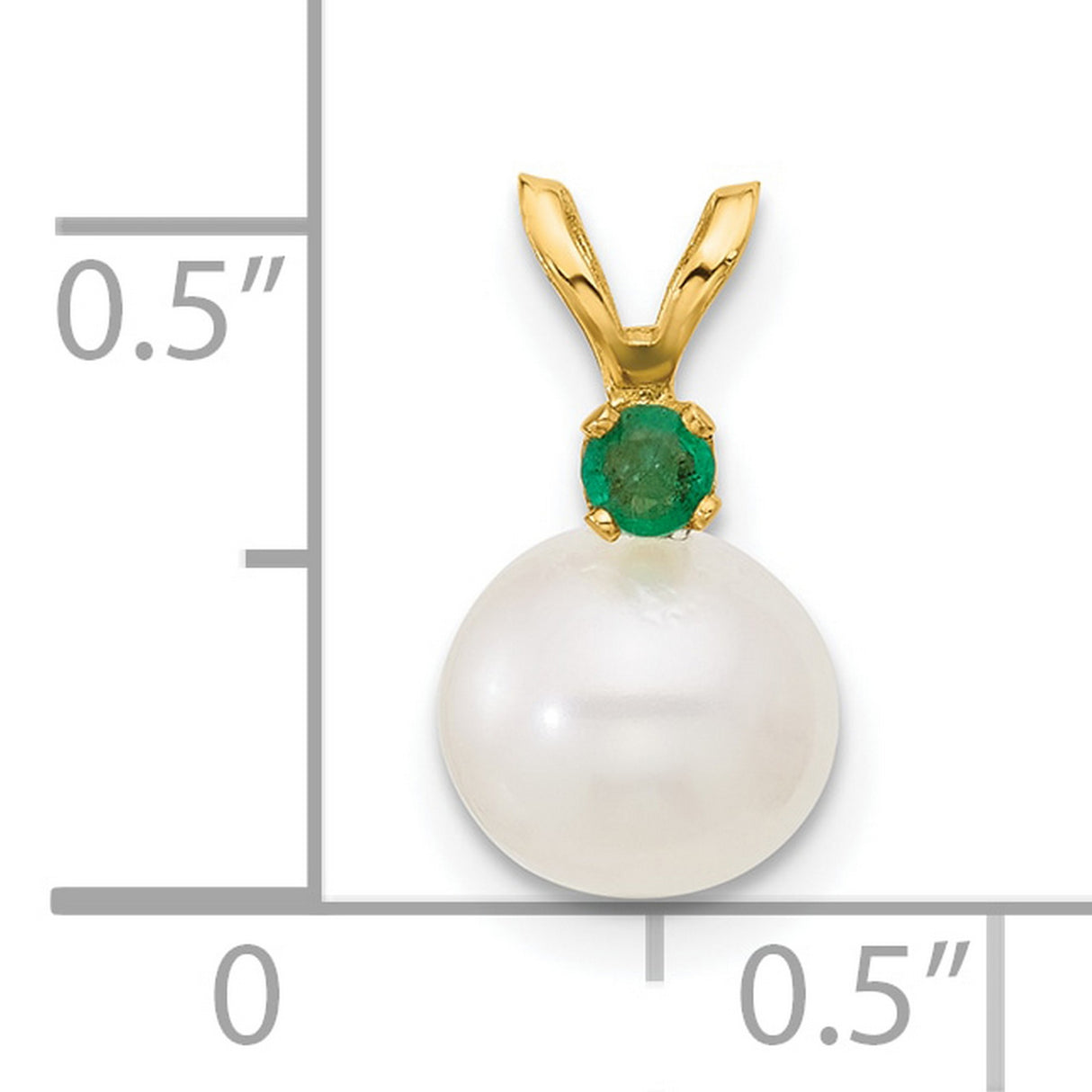 14k Yellow Gold Pendant with White Freshwater Pearl and Green Emerald Accent, Classic Design