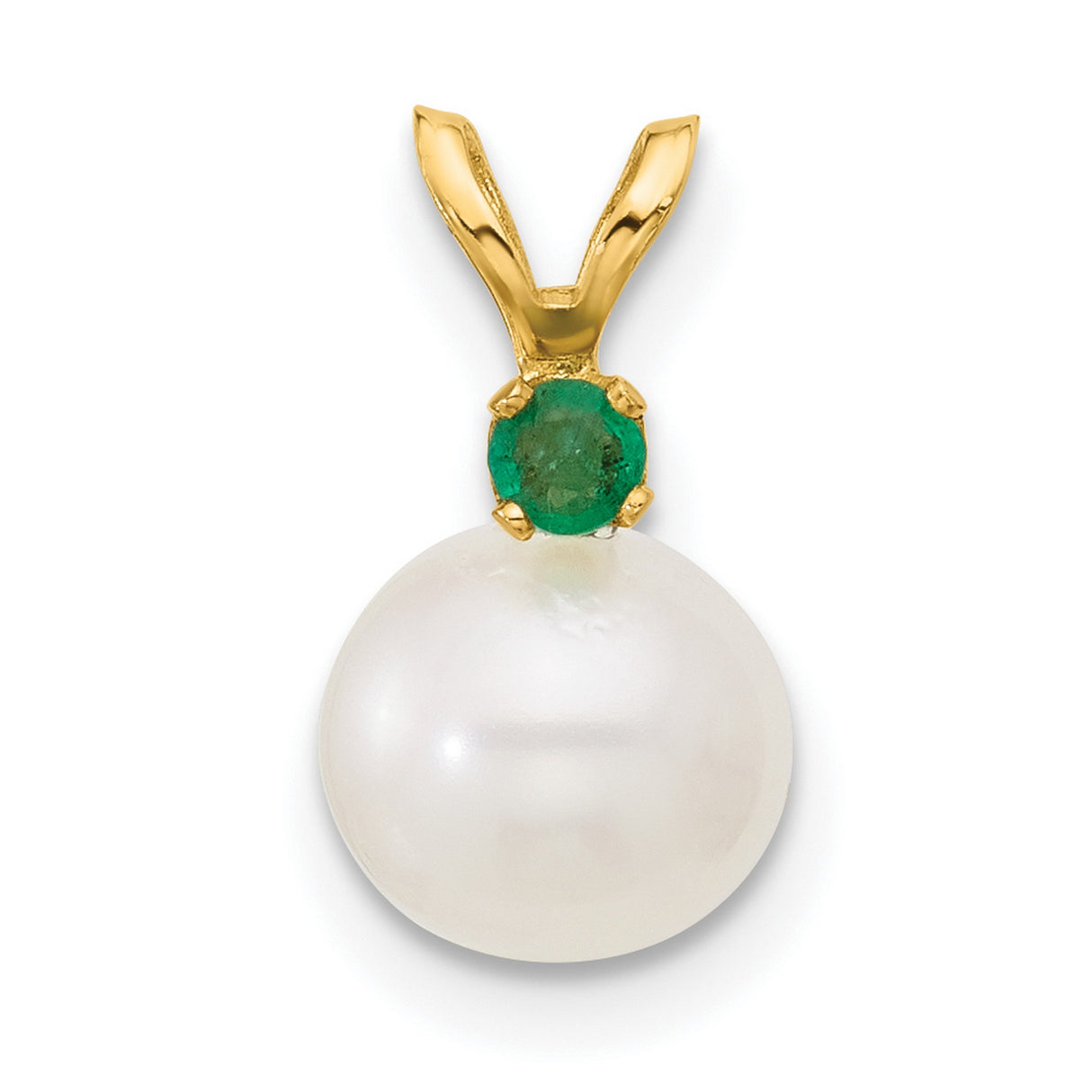 14k Yellow Gold Pendant with White Freshwater Pearl and Green Emerald Accent, Classic Design