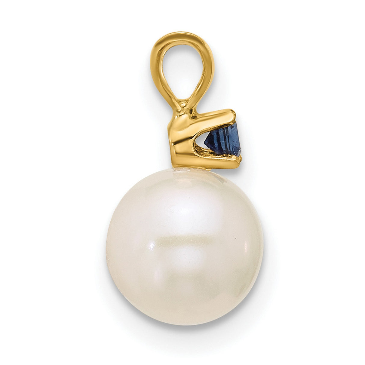 14k Yellow Gold Pendant with White Pearl and Blue Sapphire, Classic Charm for Women