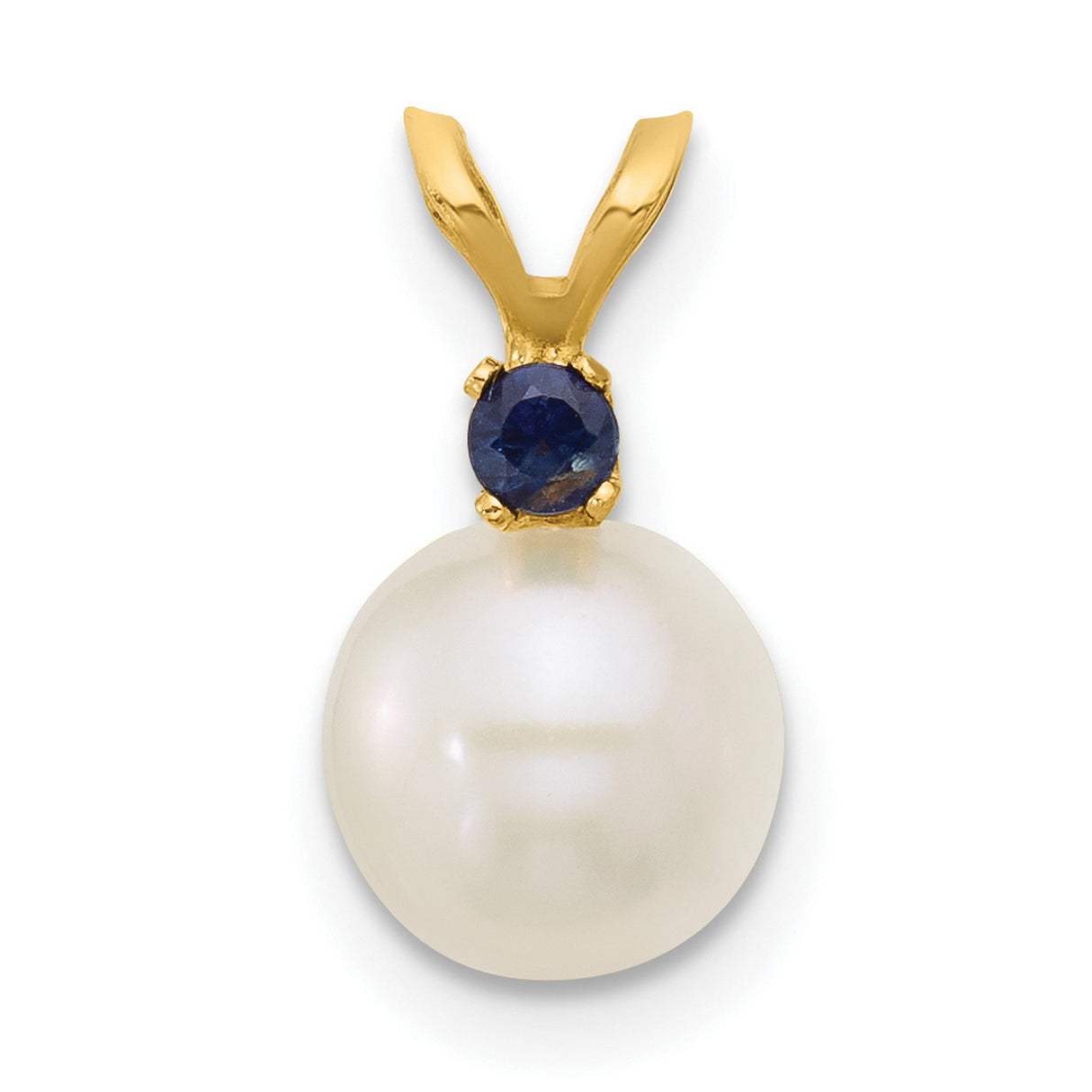 14k Yellow Gold Pendant with White Pearl and Blue Sapphire, Classic Charm for Women