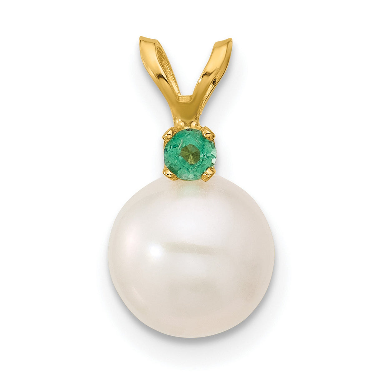 14k Yellow Gold Pendant with White Cultured Pearl and Green Emerald Accent