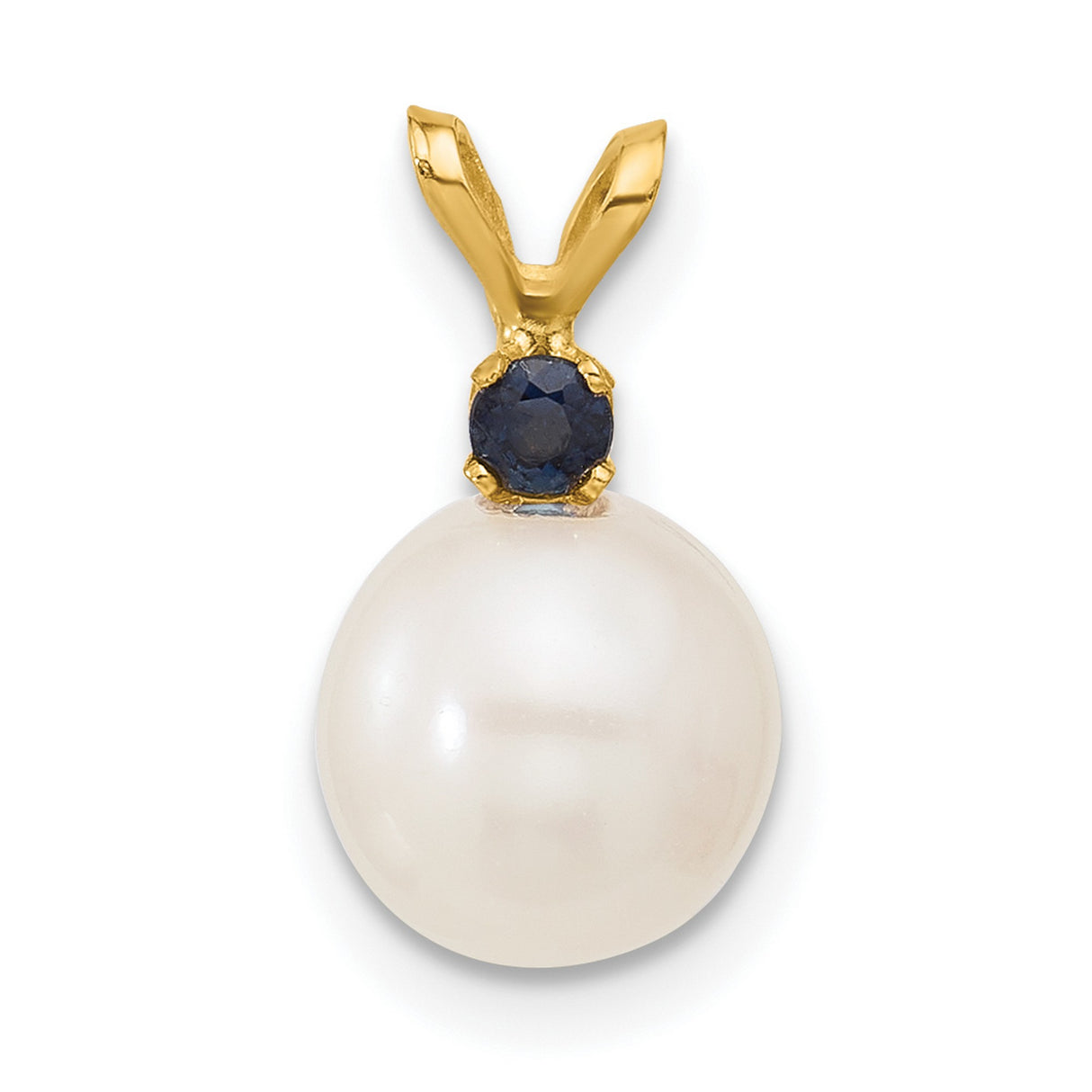 14k Yellow Gold Pendant with White Freshwater Pearl and Blue Sapphire, Minimalist Design