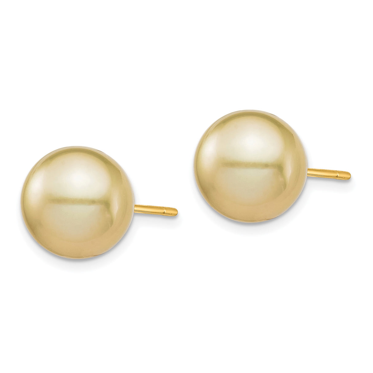14k Yellow Gold Stud Earrings with Round Golden South Sea Pearls, Classic Design for Women