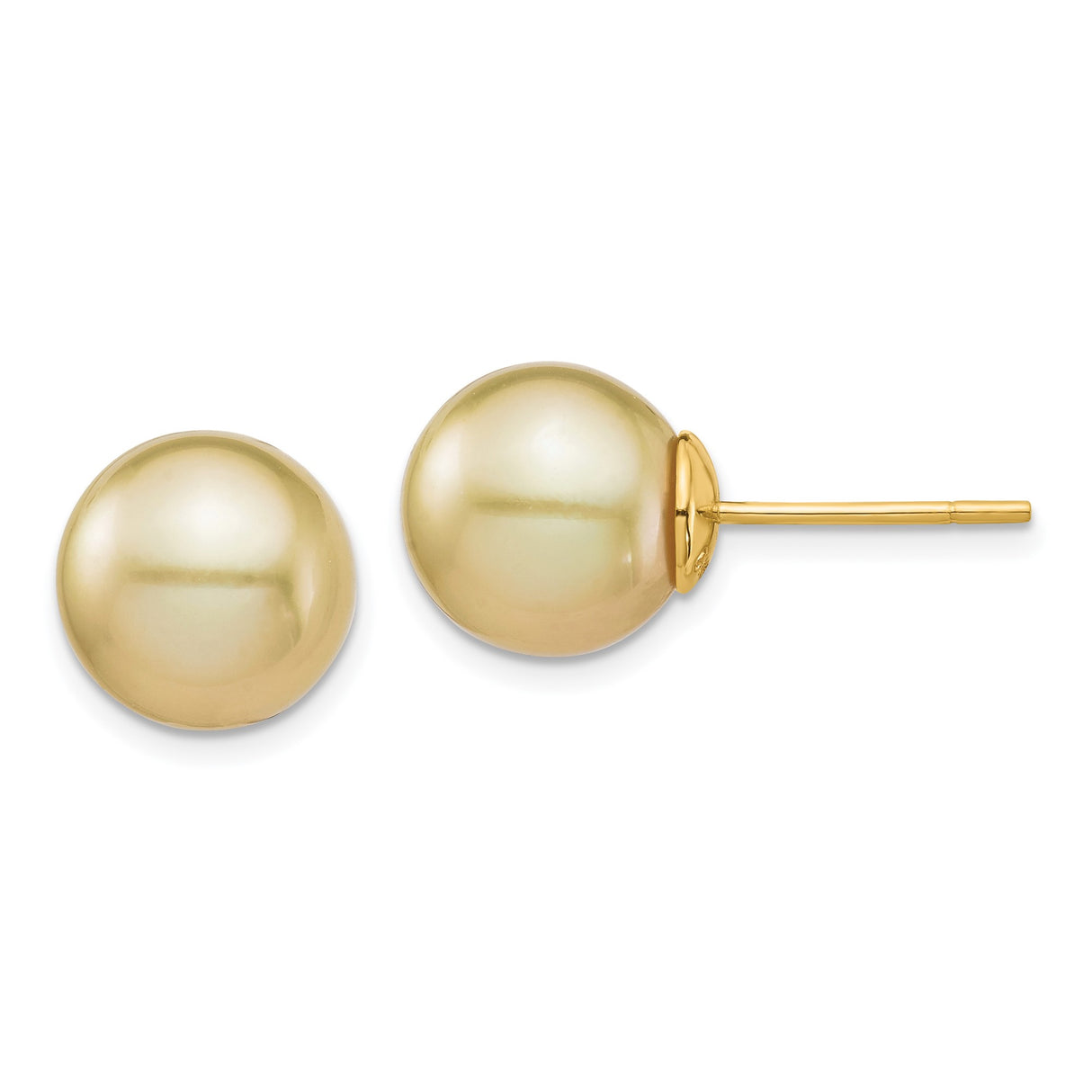 14k Yellow Gold Stud Earrings with Round Golden South Sea Pearls, Classic Design for Women