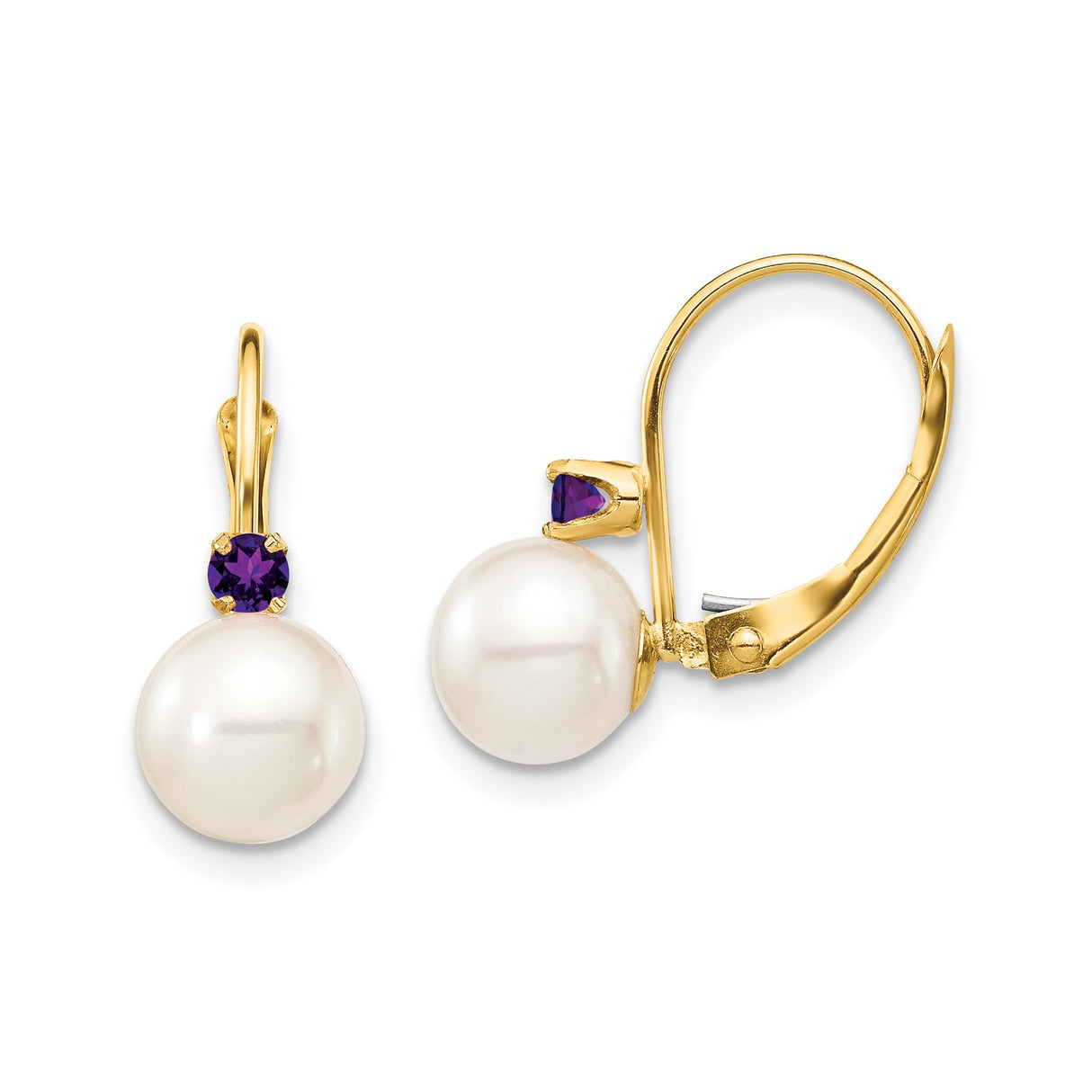 14k Yellow Gold Dangle Earrings with White Pearls and Amethyst Drops Leverback Style