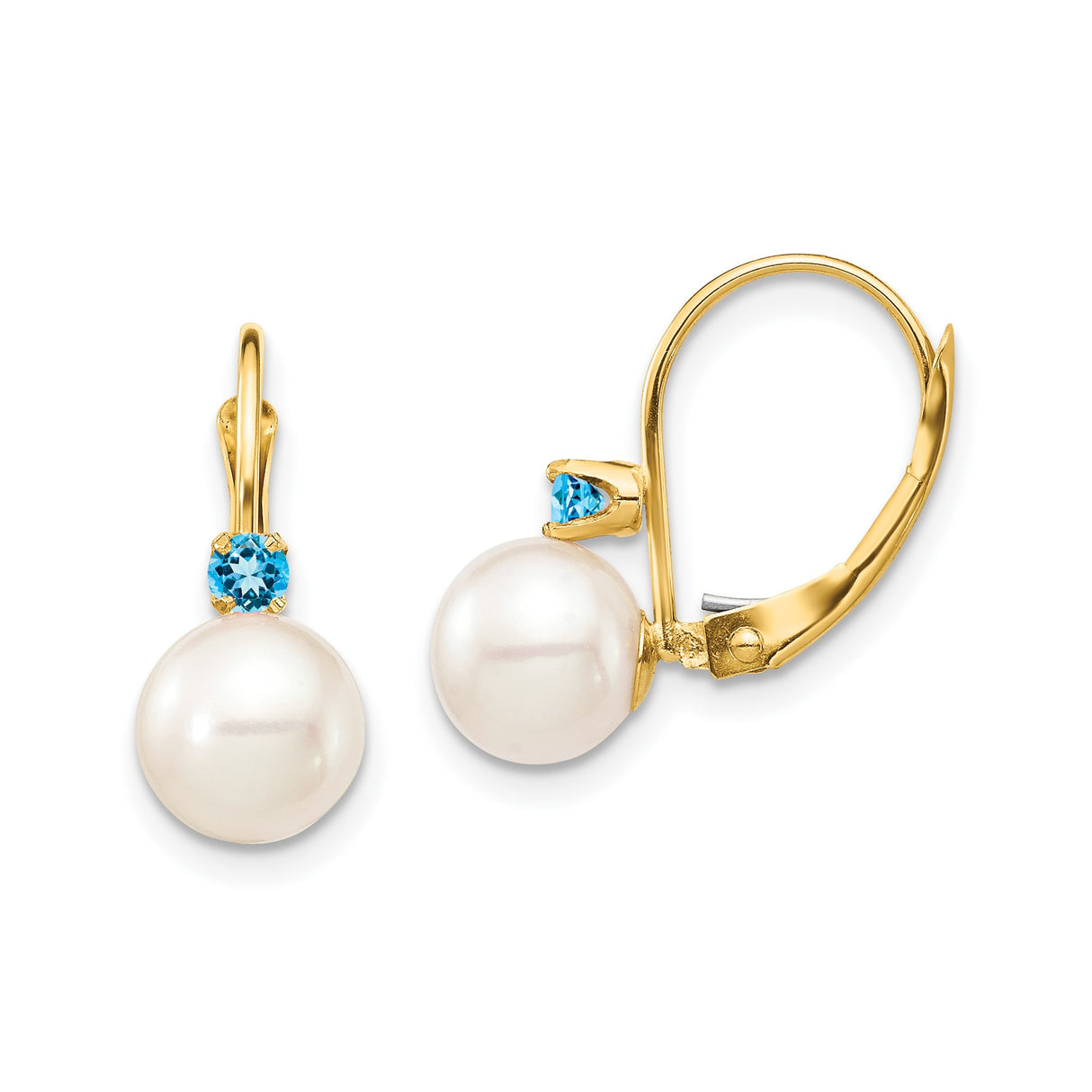 14k Yellow Gold Drop Earrings with Cultured Pearls and Swiss Blue Topaz, Leverback Design
