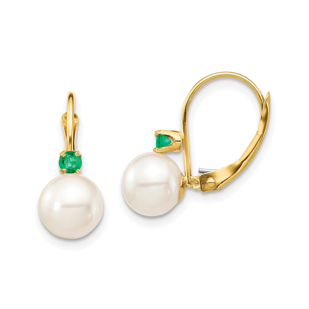 14k Yellow Gold Drop Earrings with Cultured Pearls and Emerald Accents, Leverback Dangle Style