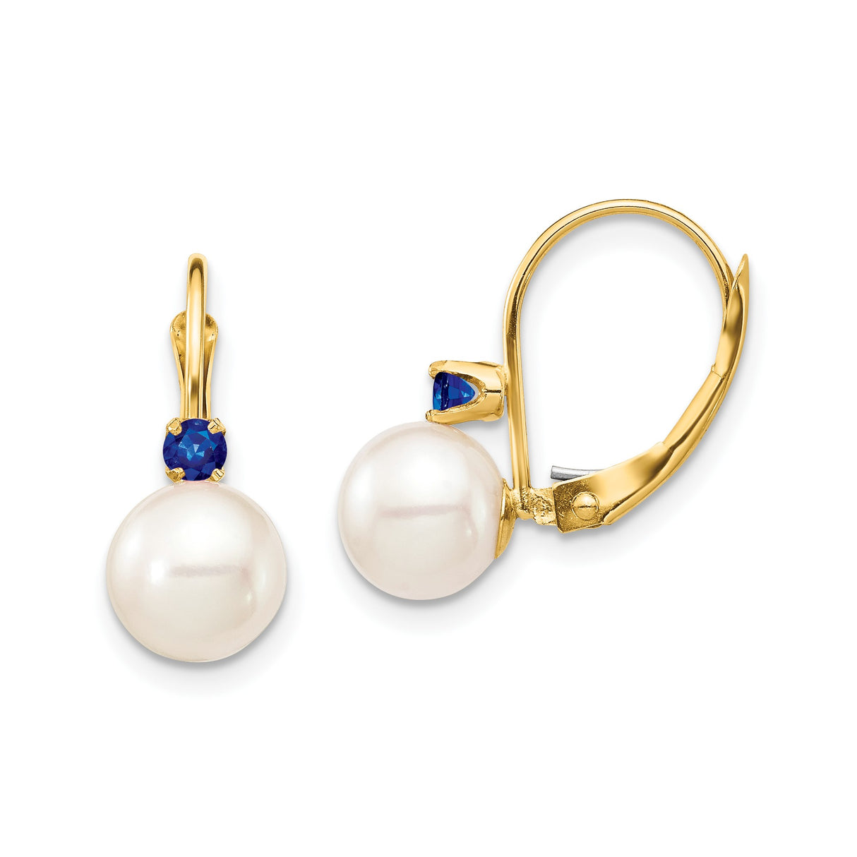 14k Yellow Gold Leverback Earrings with White Cultured Pearls and Blue Sapphires