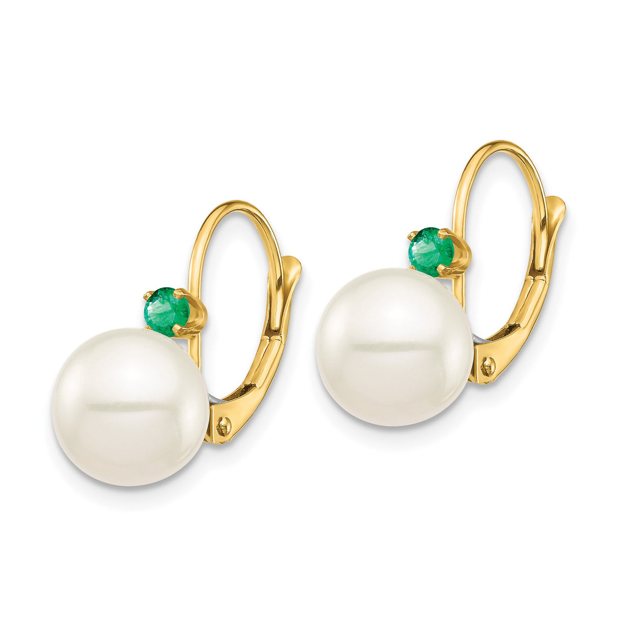 14k Yellow Gold Dangle Earrings with Round White Cultured Pearls and Emeralds Leverback Design