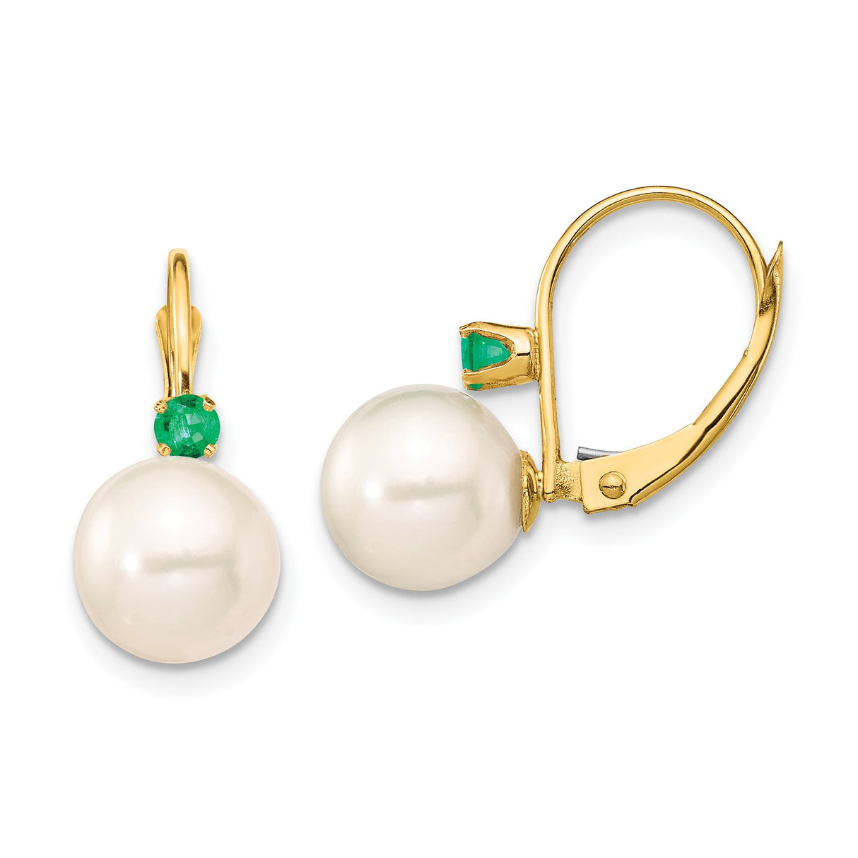 14k Yellow Gold Dangle Earrings with Round White Cultured Pearls and Emeralds Leverback Design
