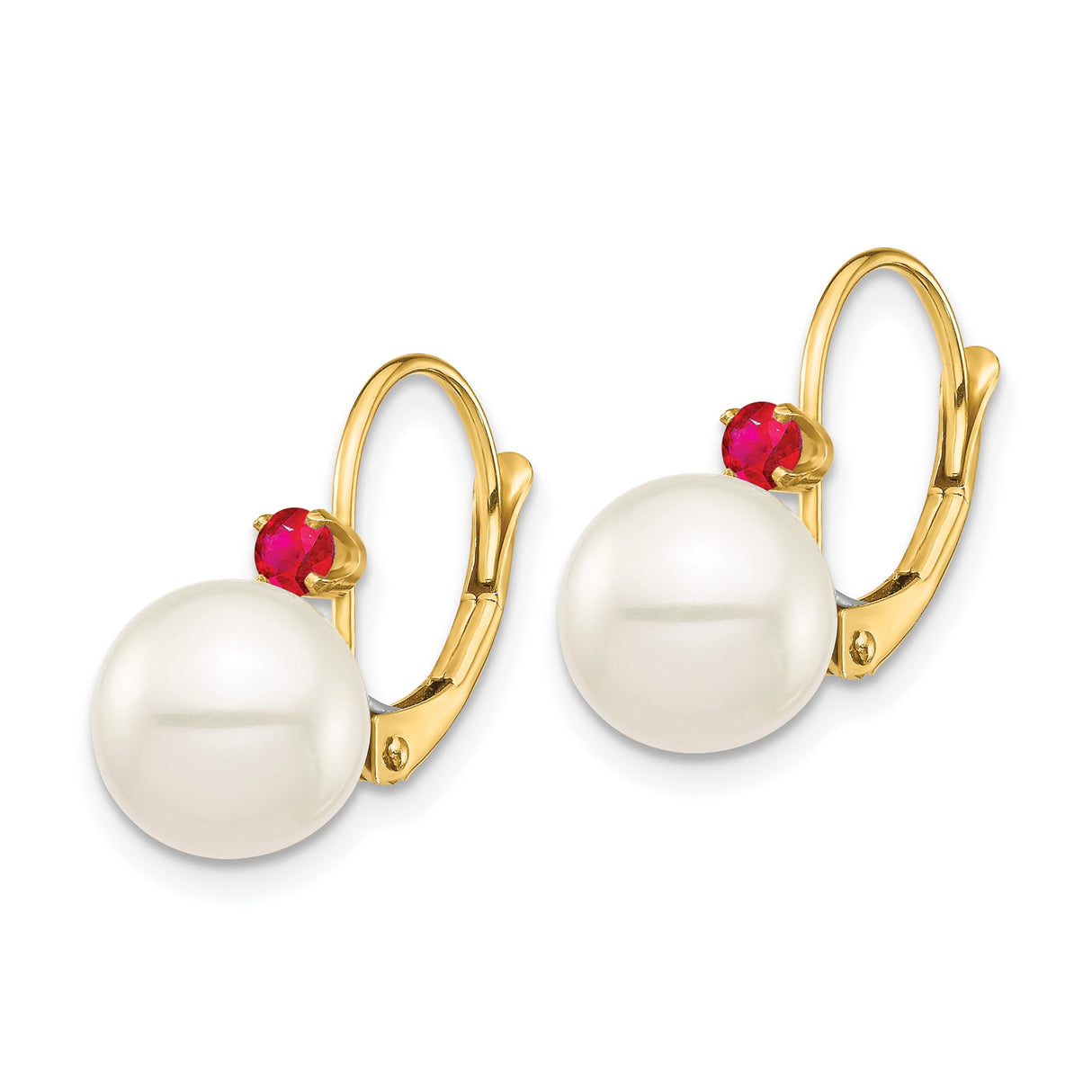 14k Yellow Gold Drop Earrings with White Cultured Pearls and Ruby Accents Leverback Design