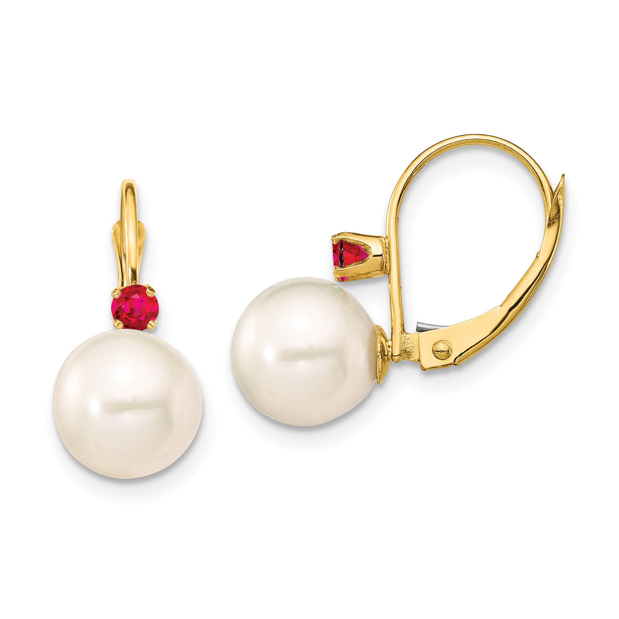 14k Yellow Gold Drop Earrings with White Cultured Pearls and Ruby Accents Leverback Design