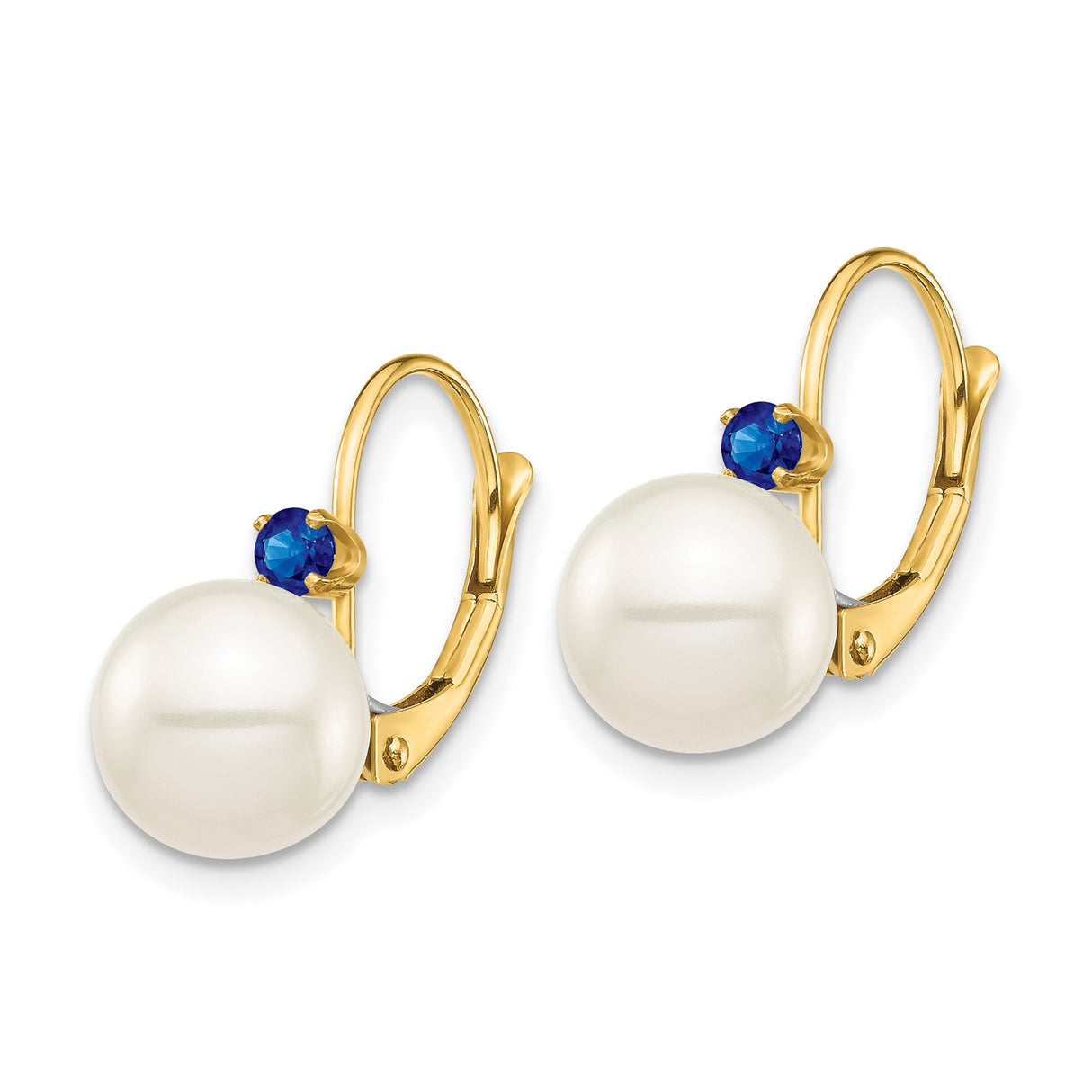 14k Yellow Gold Dangle Earrings with White Pearl and Blue Sapphire Leverback Design for Women