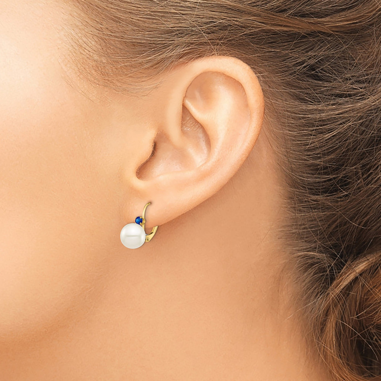 14k Yellow Gold Dangle Earrings with White Pearl and Blue Sapphire Leverback Design for Women