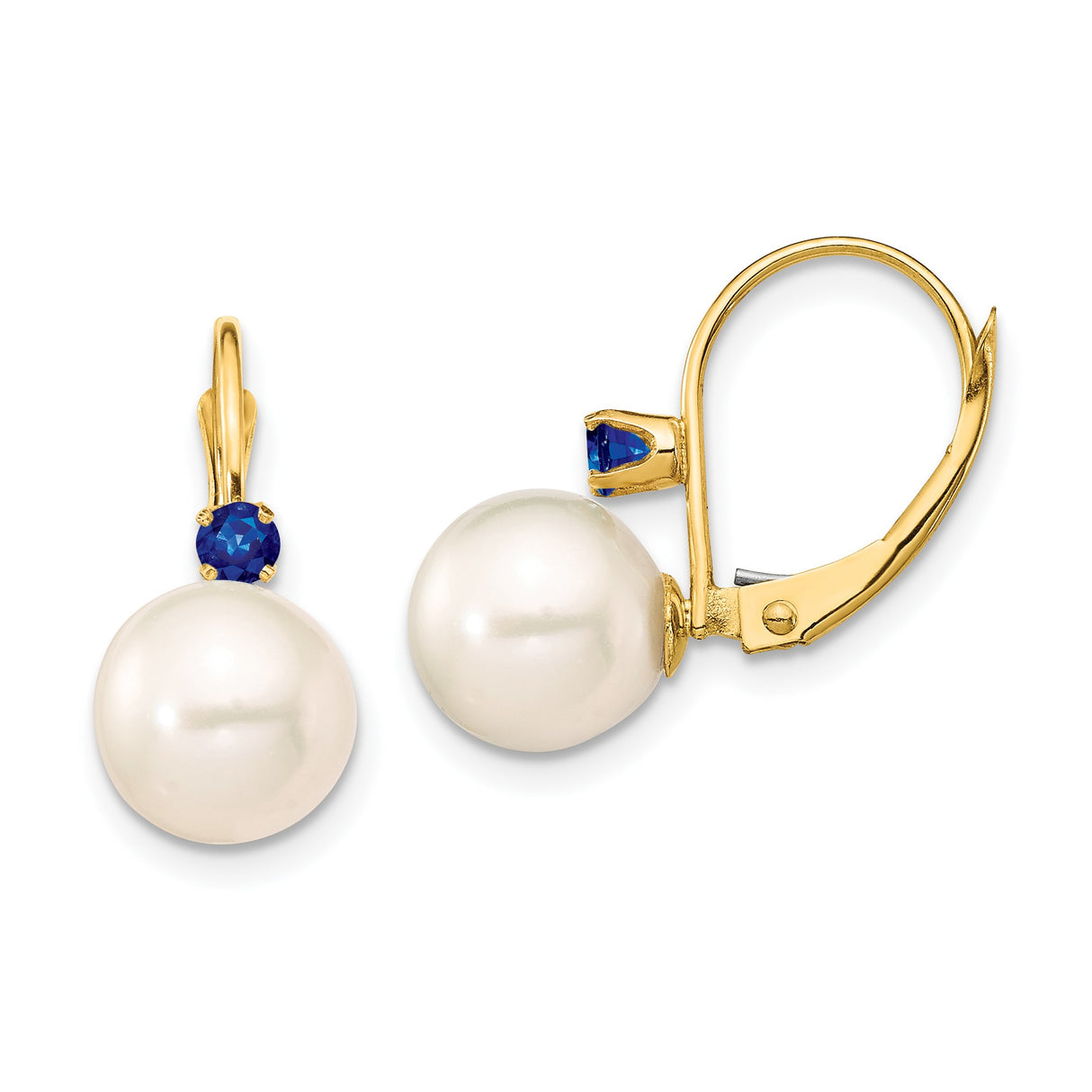 14k Yellow Gold Dangle Earrings with White Pearl and Blue Sapphire Leverback Design for Women