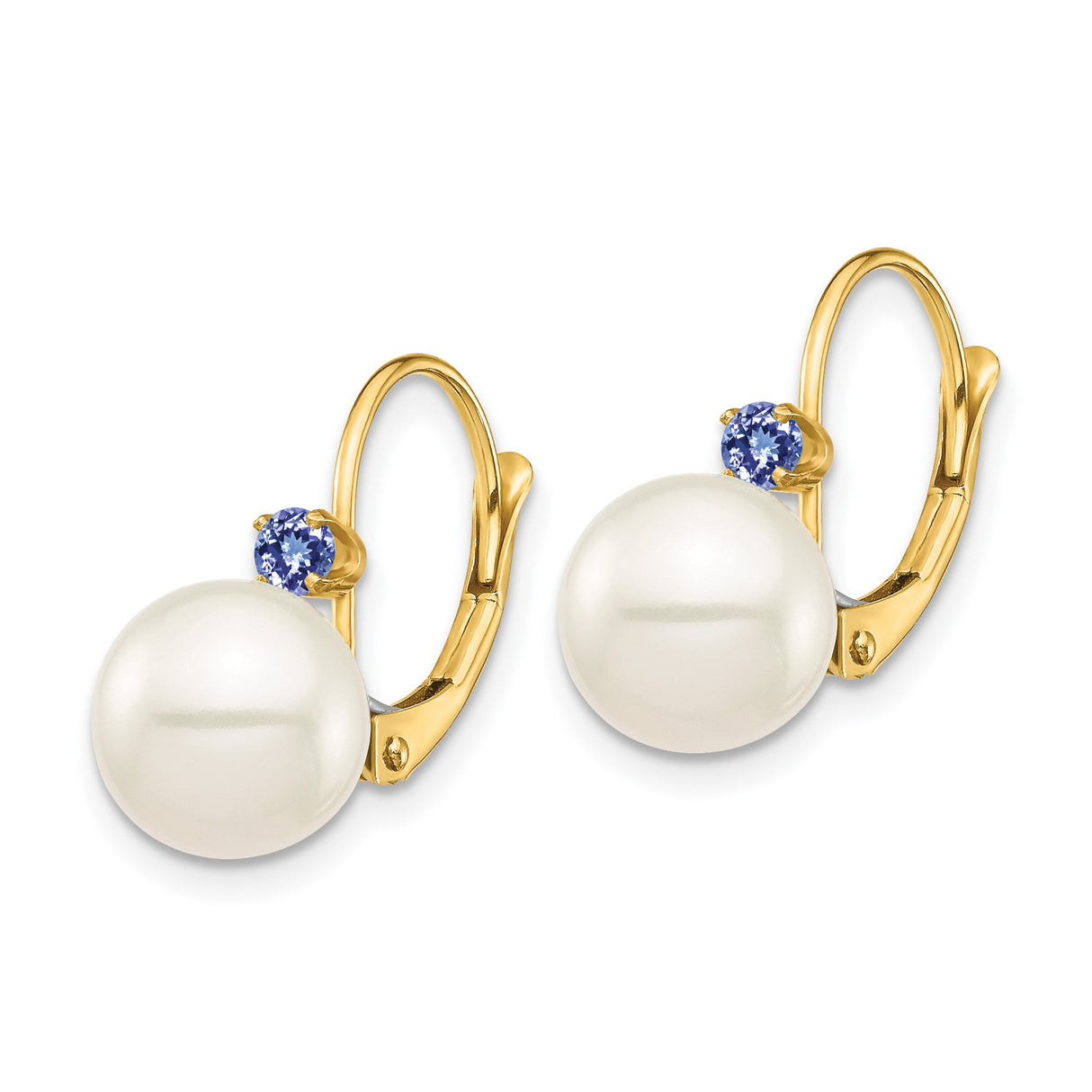 14k Yellow Gold Leverback Earrings with White Cultured Pearls and Tanzanite Drop Design