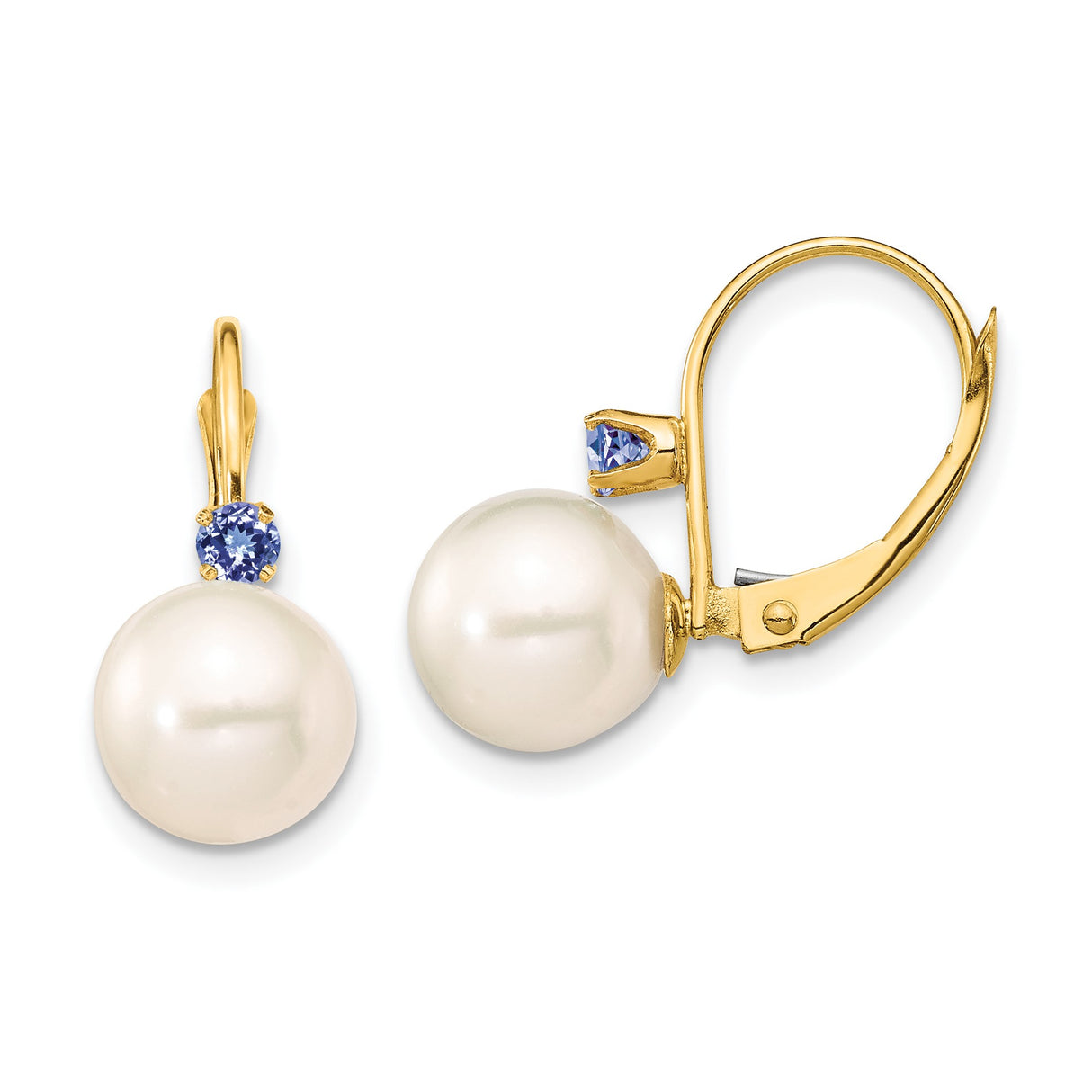 14k Yellow Gold Leverback Earrings with White Cultured Pearls and Tanzanite Drop Design