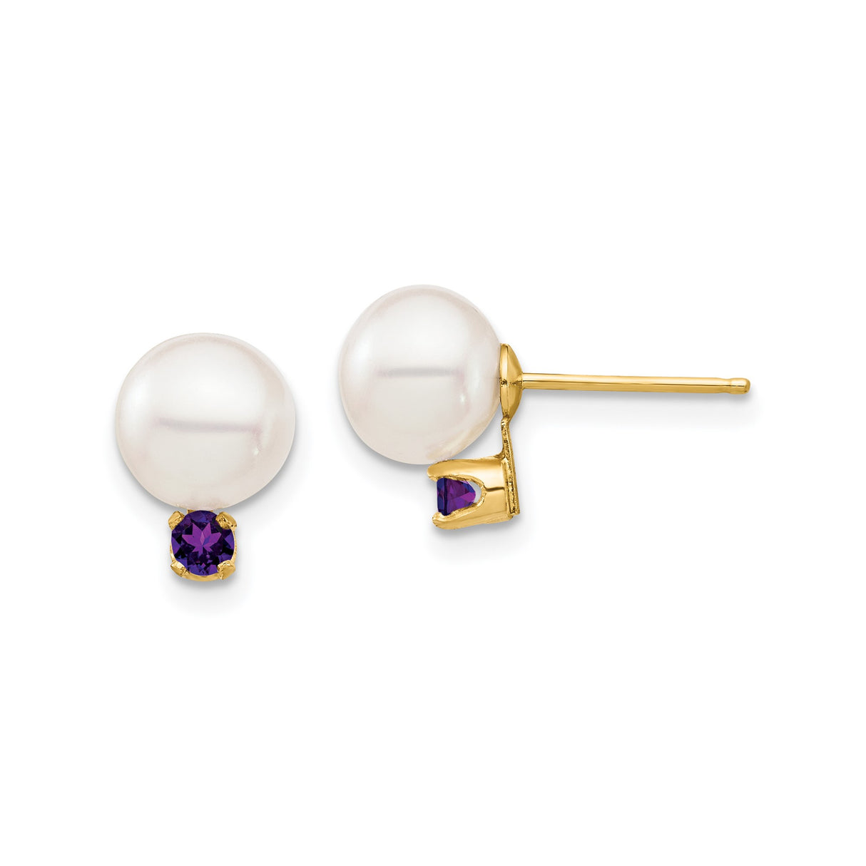 14k Yellow Gold Stud Earrings with Cultured Pearls and Amethyst Accents, Classic Style for Women