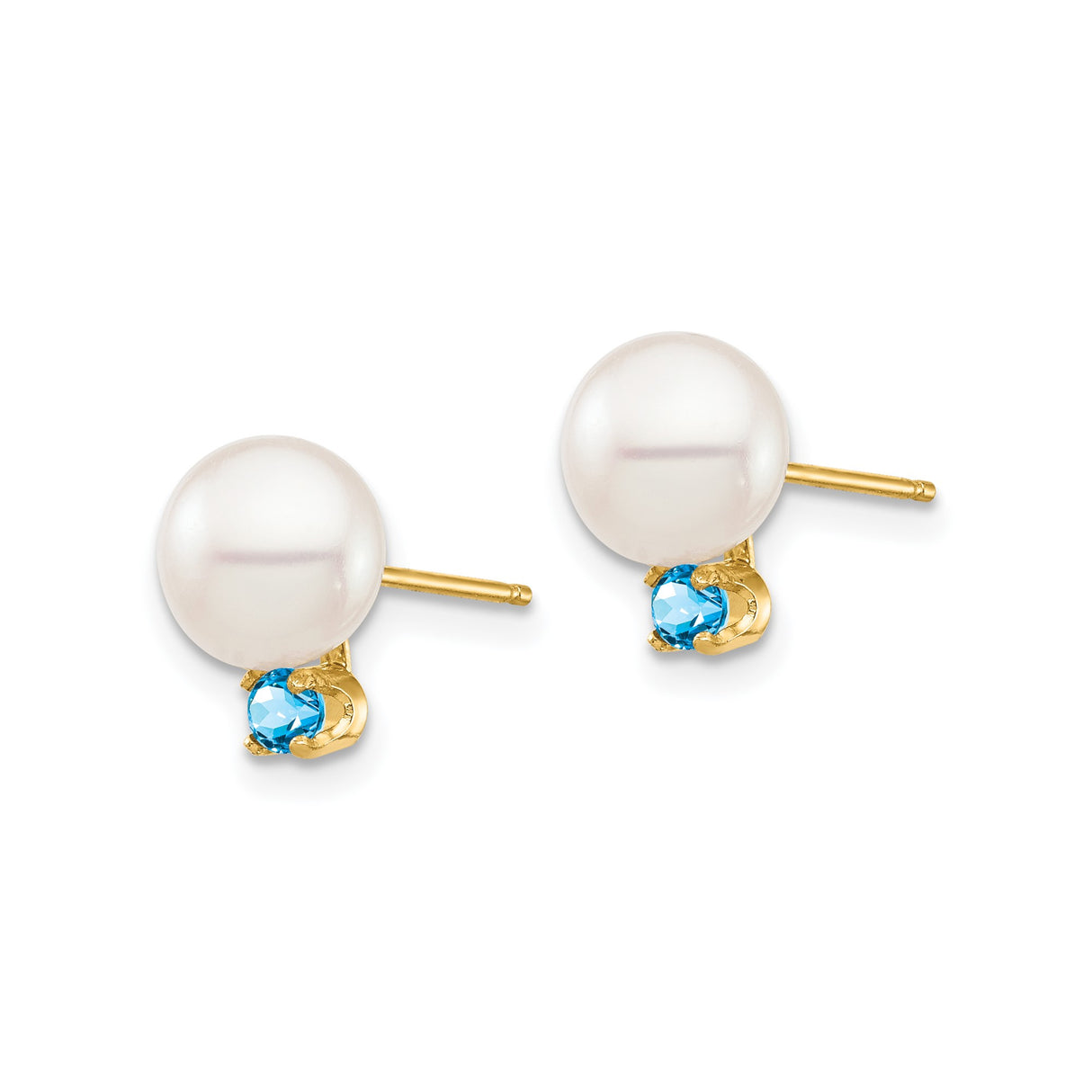 14k Yellow Gold Stud Earrings with White Pearls and Swiss Blue Topaz