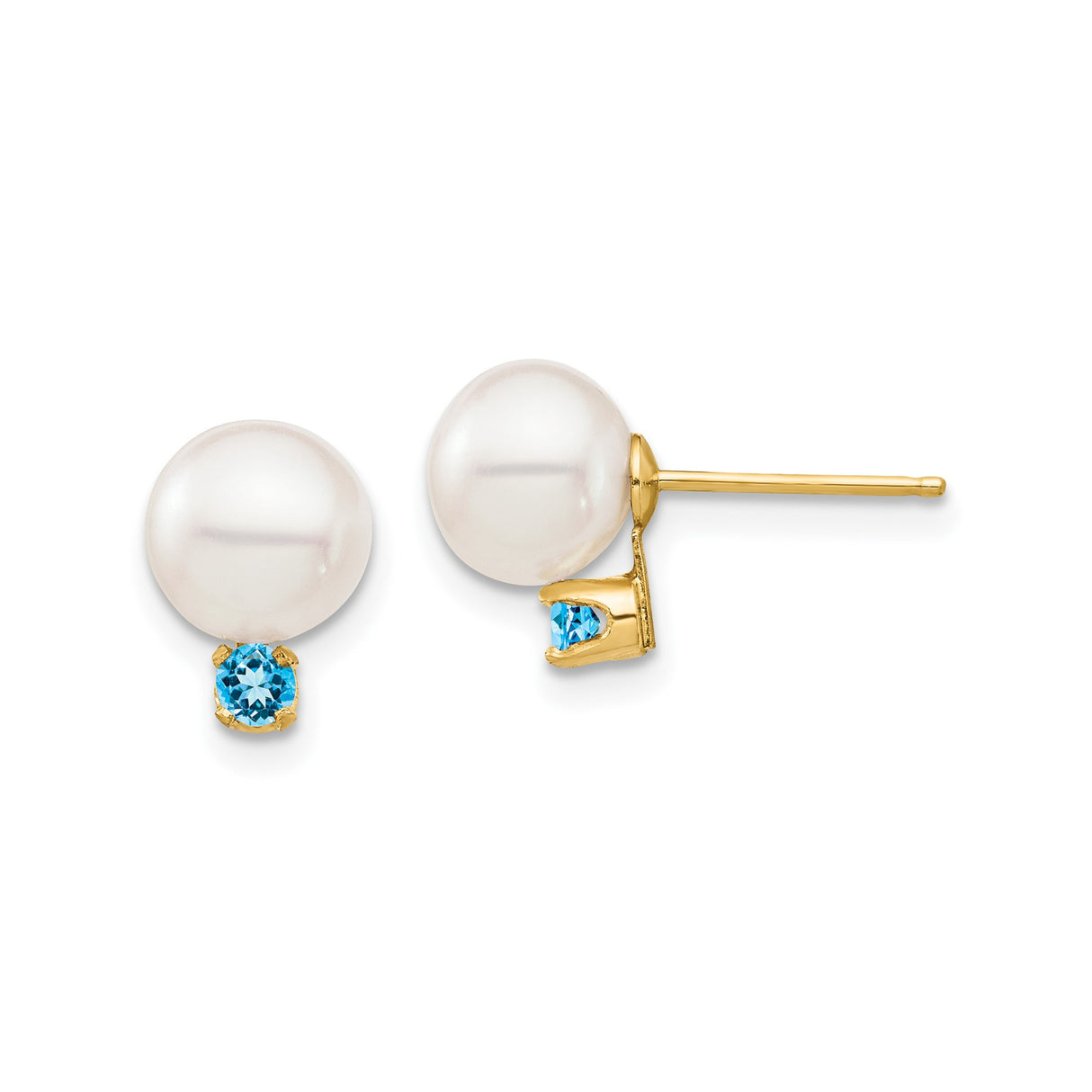 14k Yellow Gold Stud Earrings with White Pearls and Swiss Blue Topaz