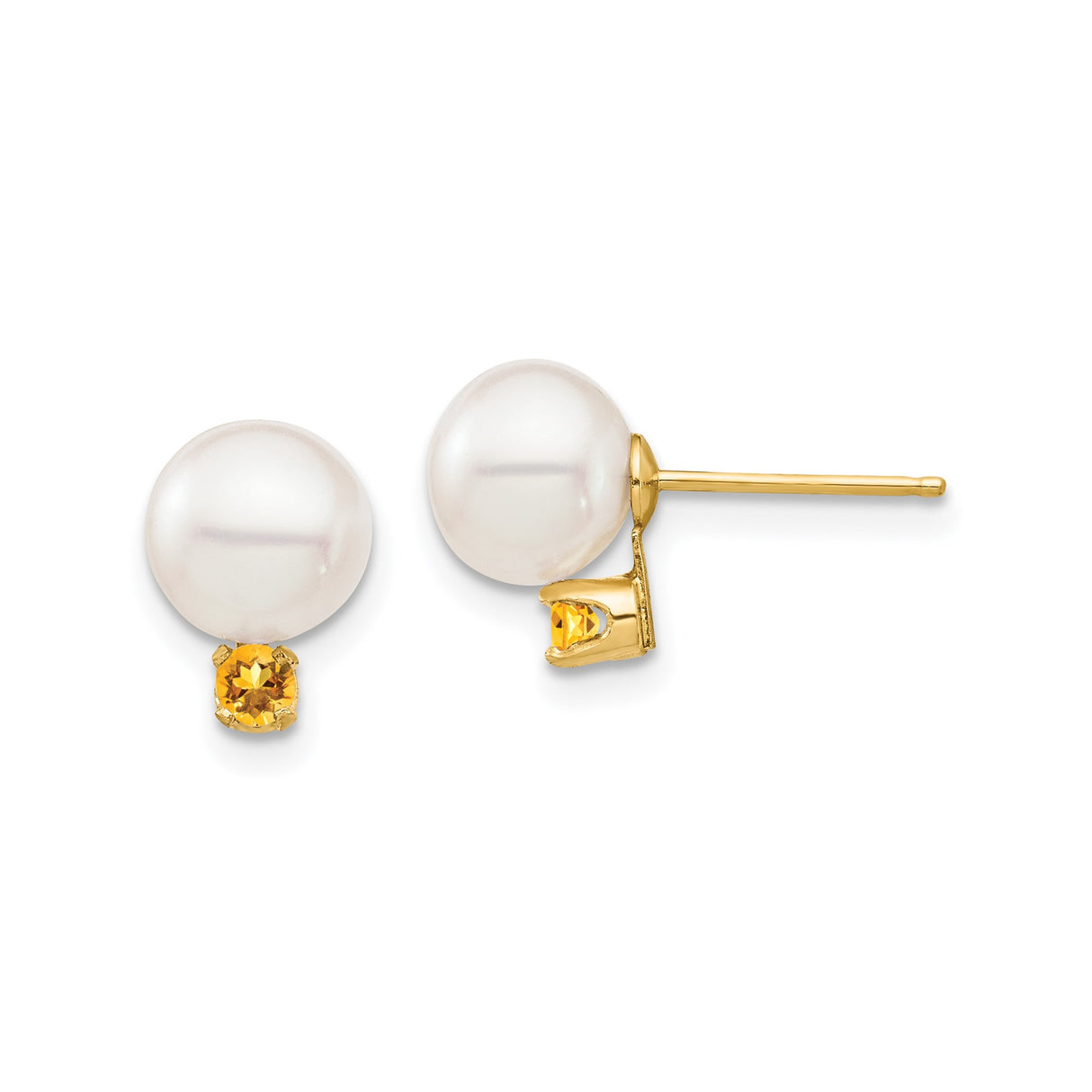 14k Yellow Gold Stud Earrings with Round White Pearls and Citrine Accents in Prong Setting