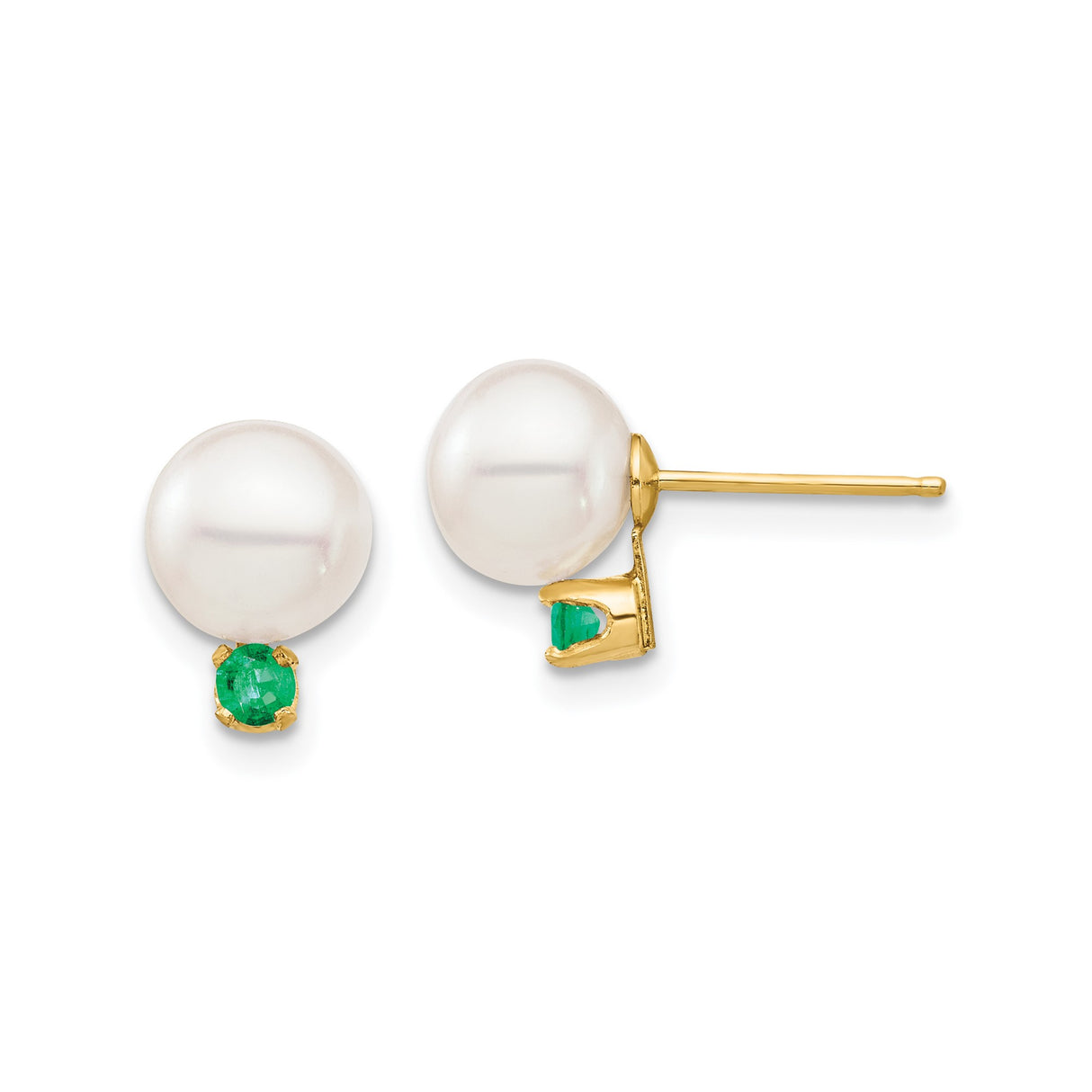 14k Yellow Gold Stud Earrings with White Cultured Pearls and Emeralds, Classic Fine Jewelry