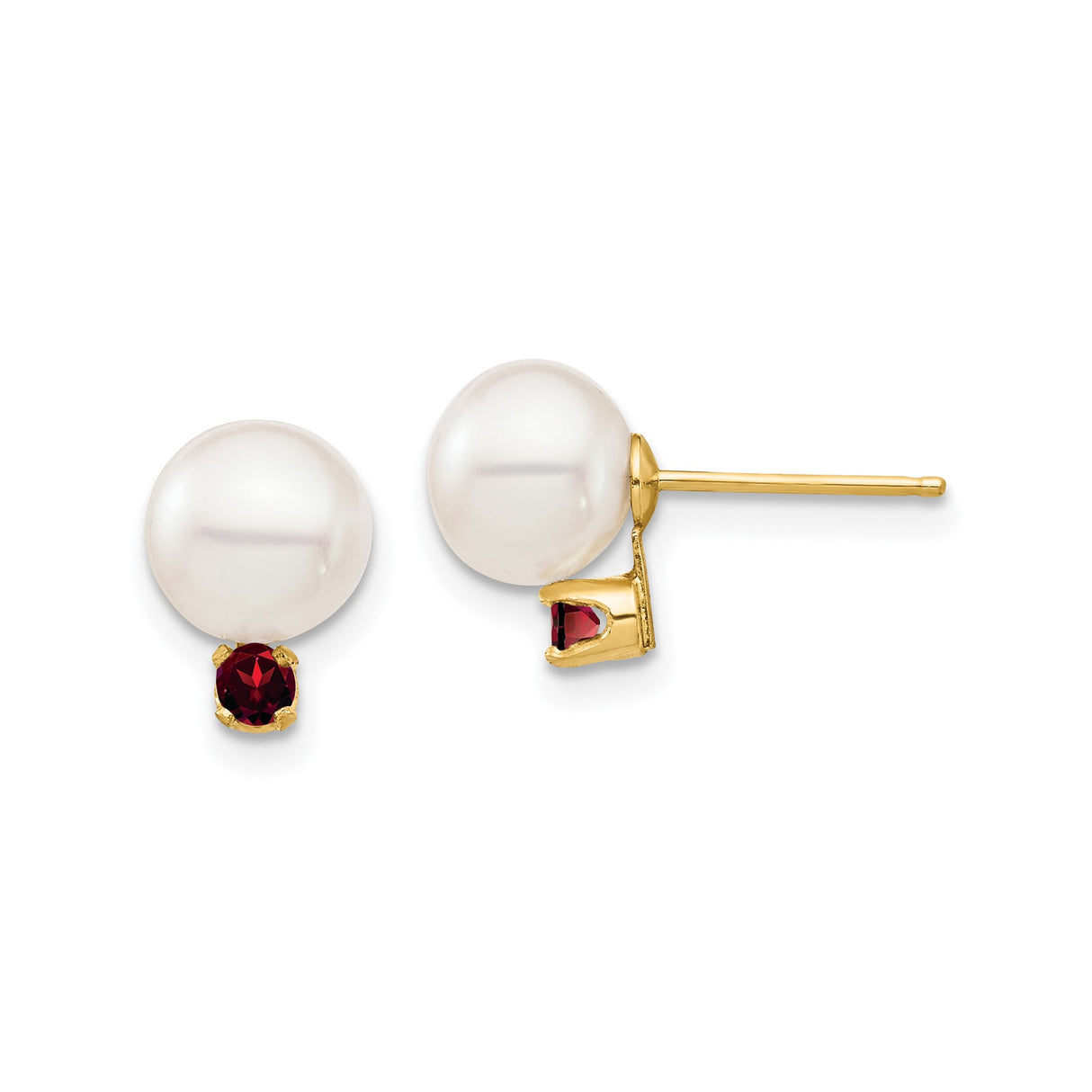 14k Yellow Gold Stud Earrings with White Cultured Pearls and Garnet Accents