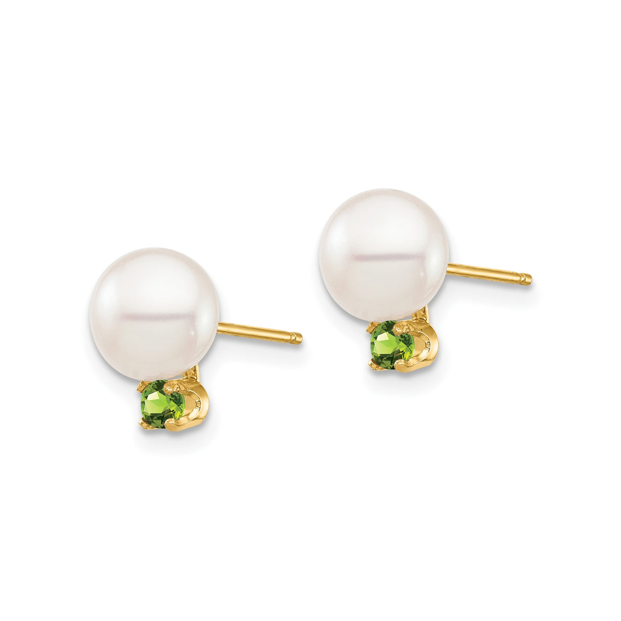 14k Yellow Gold Stud Earrings with White Cultured Pearls and Peridot Accents for Women