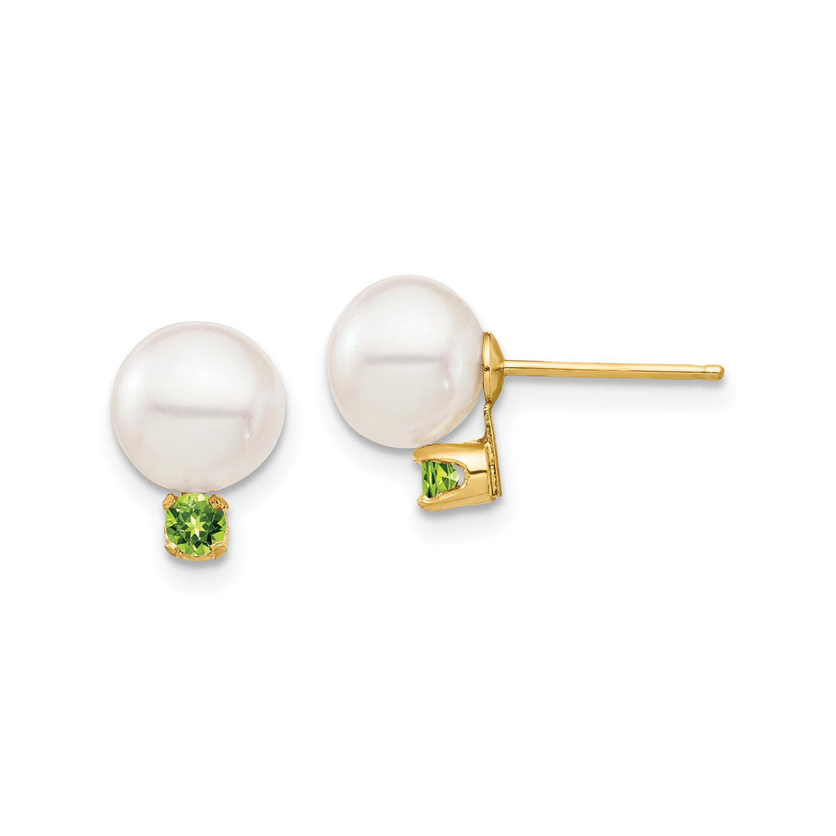 14k Yellow Gold Stud Earrings with White Cultured Pearls and Peridot Accents for Women