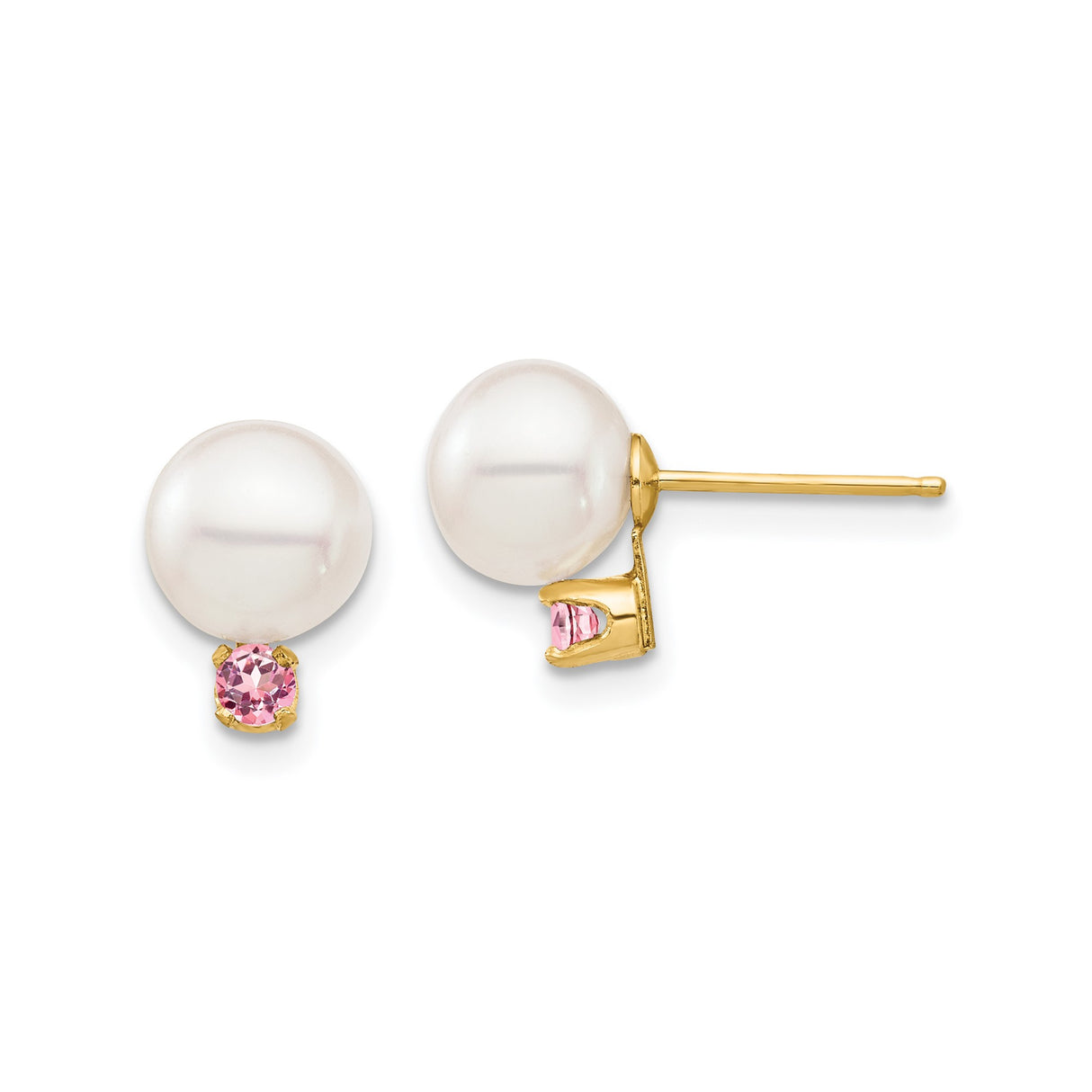 14k Yellow Gold Stud Earrings with White Cultured Pearls and Pink Topaz Accents