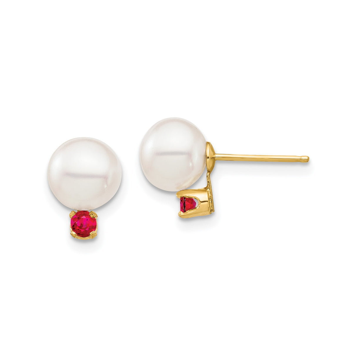 14k Yellow Gold Pearl Stud Earrings with Ruby Accents for Women