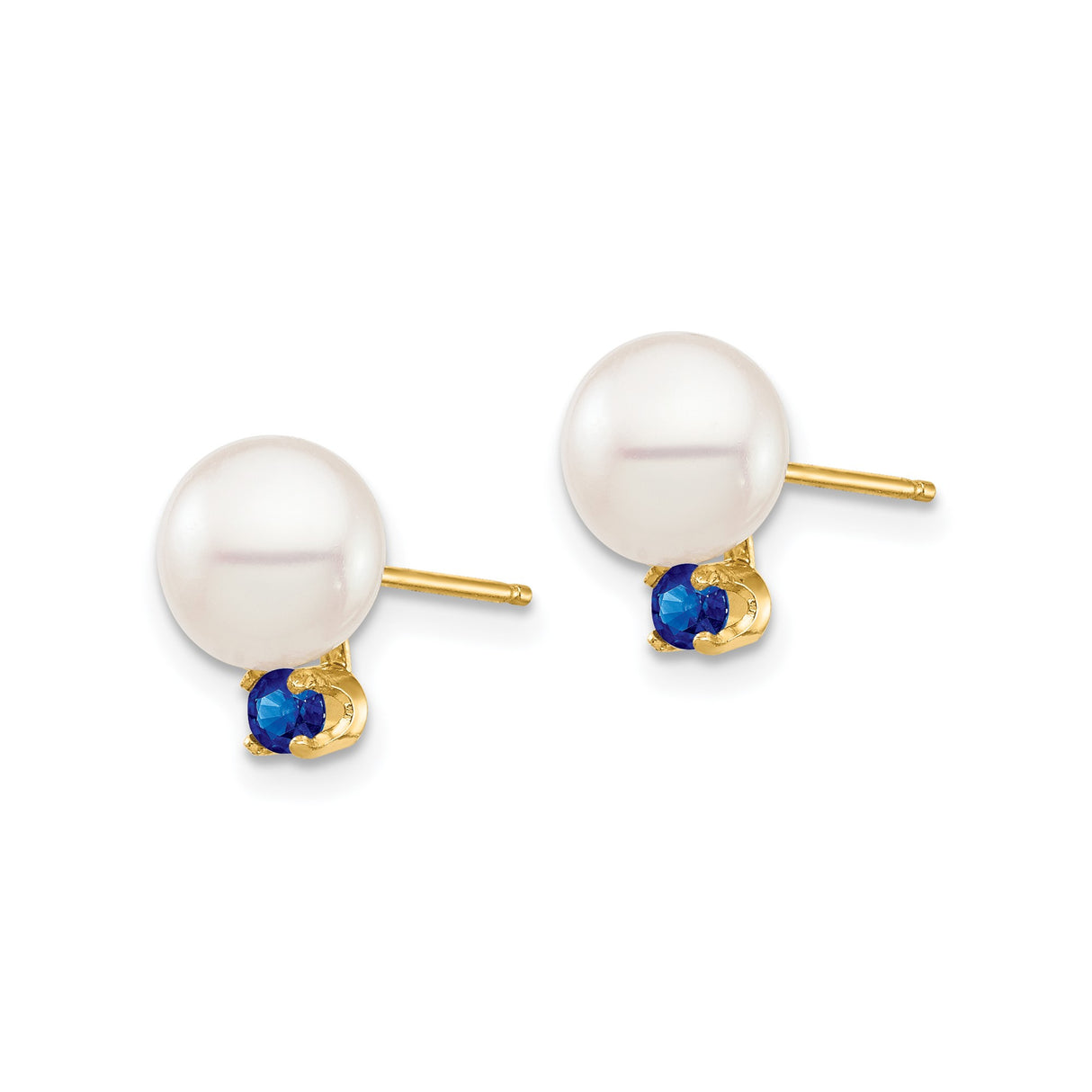 14k Yellow Gold Stud Earrings with White Cultured Pearls and Blue Sapphires