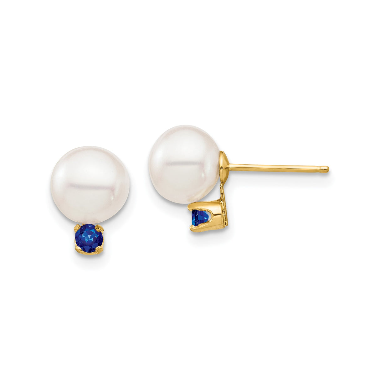 14k Yellow Gold Stud Earrings with White Cultured Pearls and Blue Sapphires
