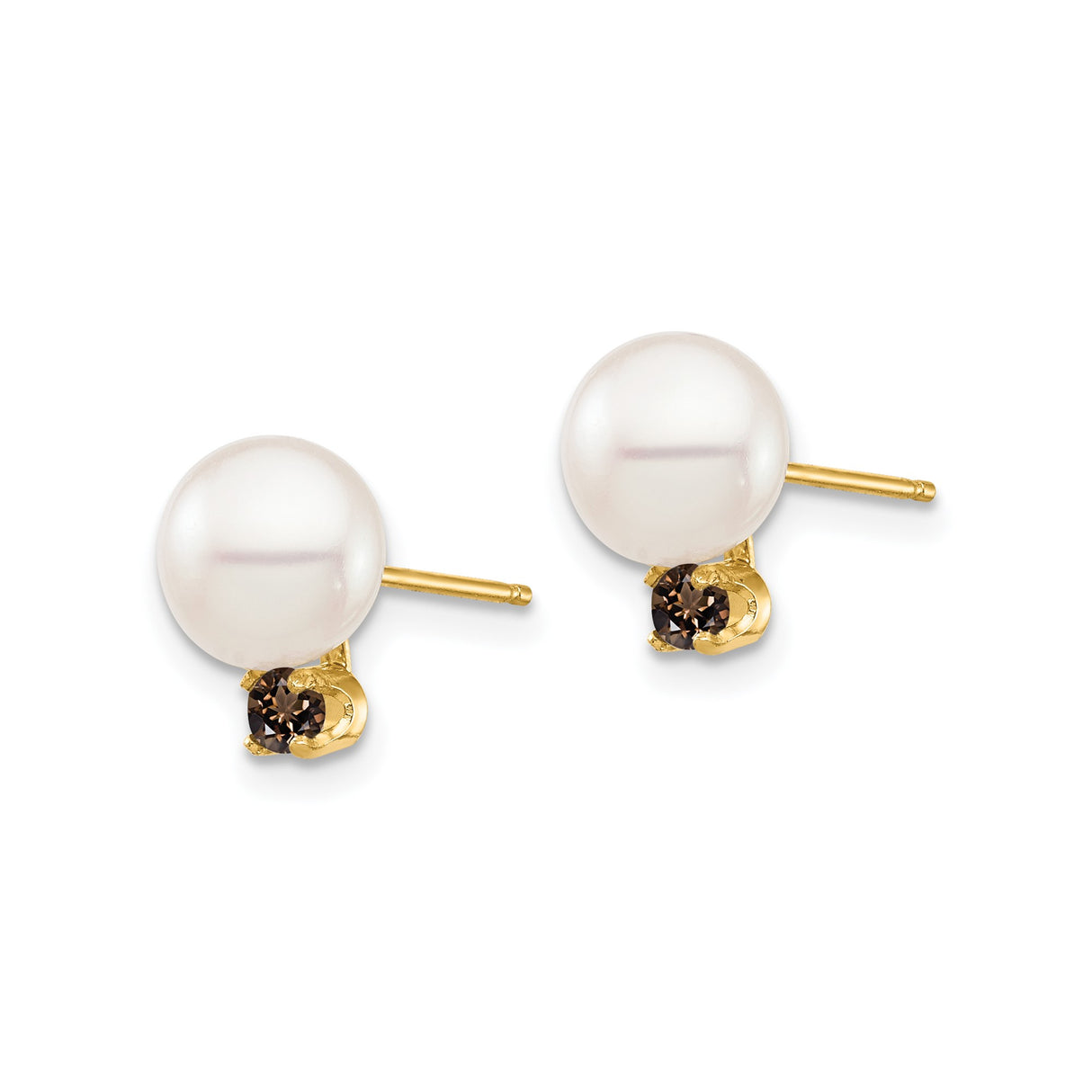 14k Yellow Gold Stud Earrings with White Cultured Pearls and Smoky Quartz