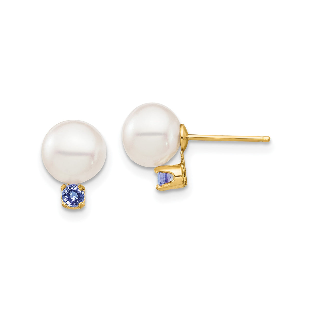 14k Yellow Gold Stud Earrings with Round White Cultured Pearls and Blue Tanzanite