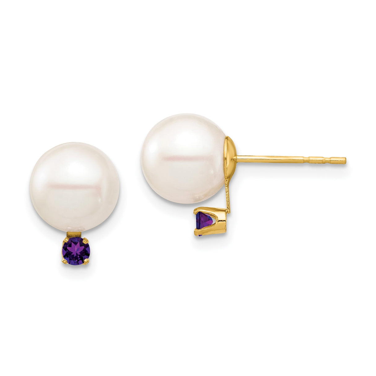 14k Yellow Gold Stud Earrings with White Cultured Pearls and Amethyst Gemstones