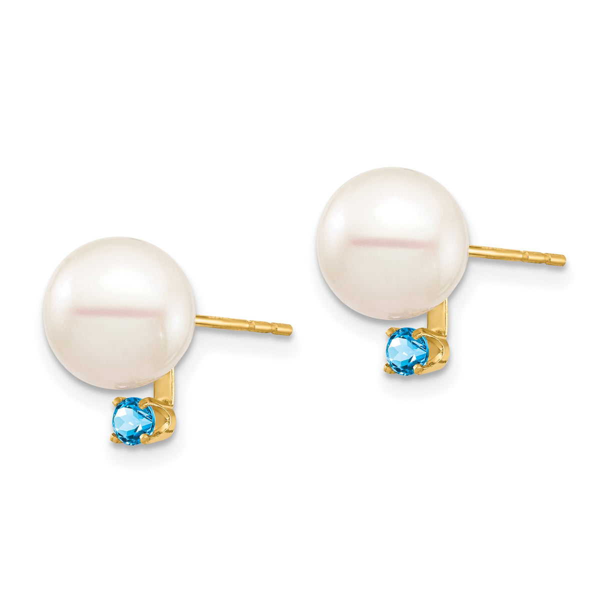 14k Yellow Gold Stud Earrings with Round White Pearls and Swiss Blue Topaz Accents