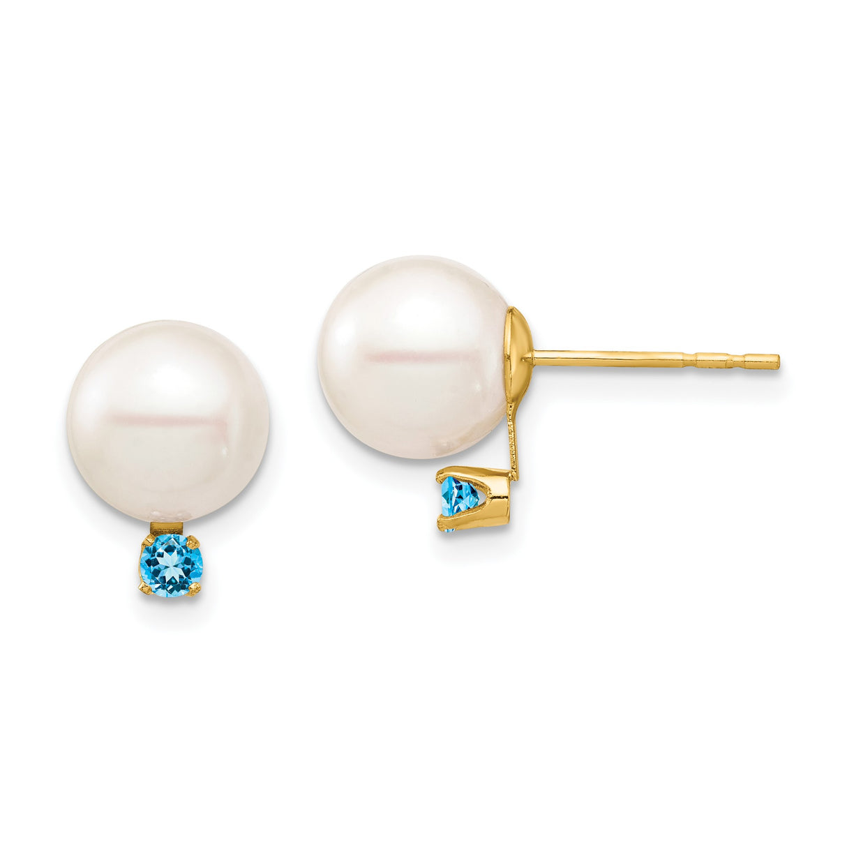 14k Yellow Gold Stud Earrings with Round White Pearls and Swiss Blue Topaz Accents
